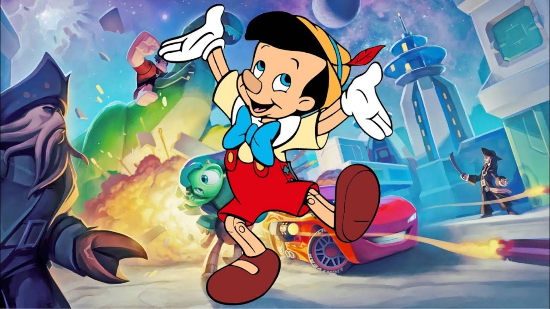 Pinocchio, sci-fi cityscape, explosions, Full HD Desktop Wallpaper