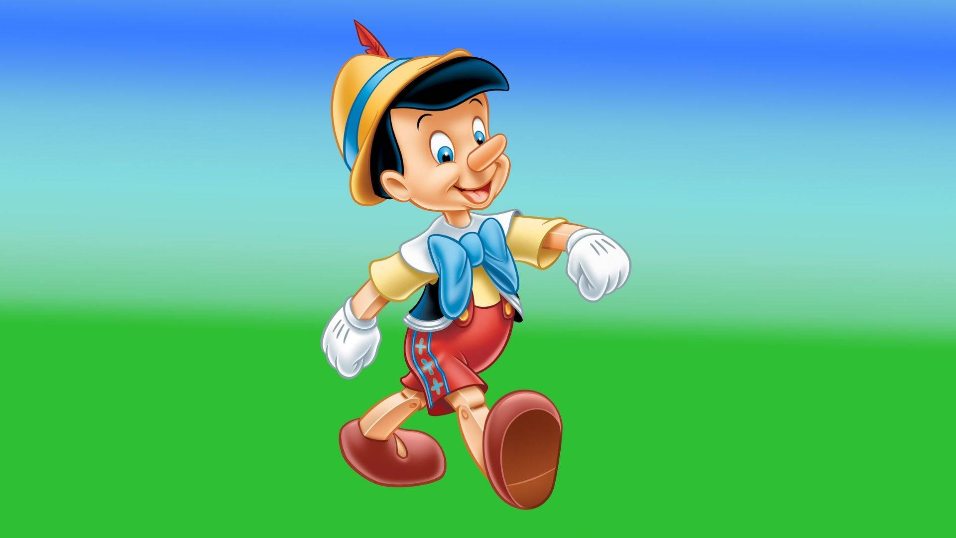 Pinocchio, vibrant green field, clear blue sky, Full HD Desktop Wallpaper