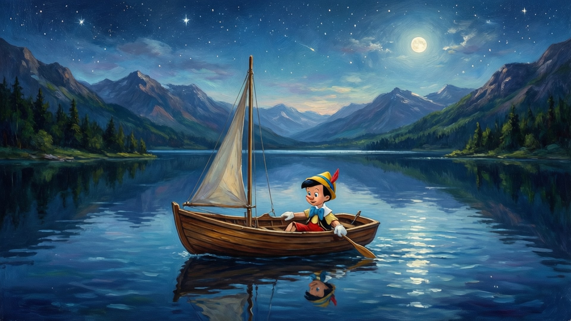 Pinocchio, wooden boat, starlit lake, Full HD Desktop Wallpaper