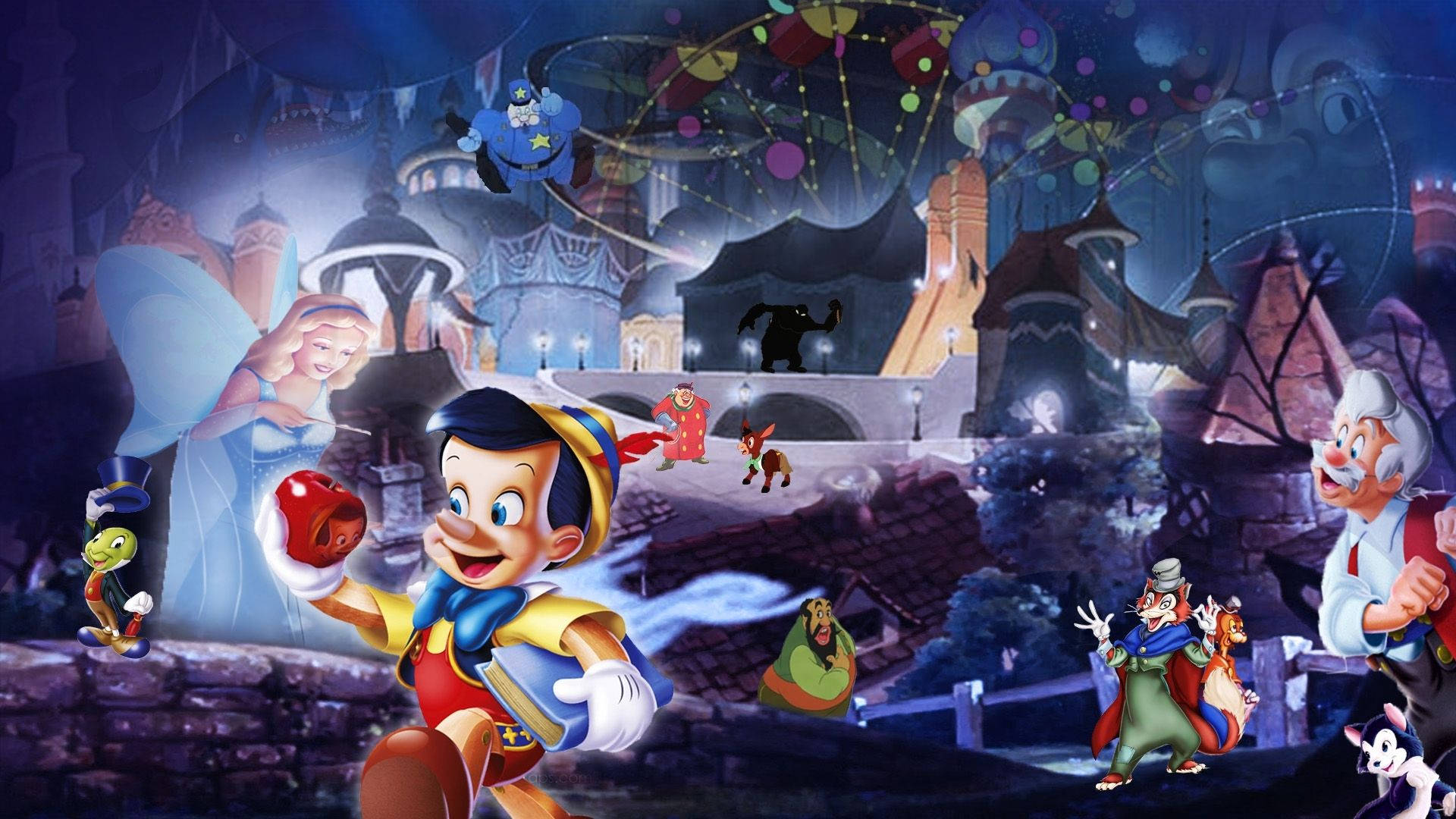 Pinocchio, red apple, magical nighttime town, Full HD Desktop Wallpaper
