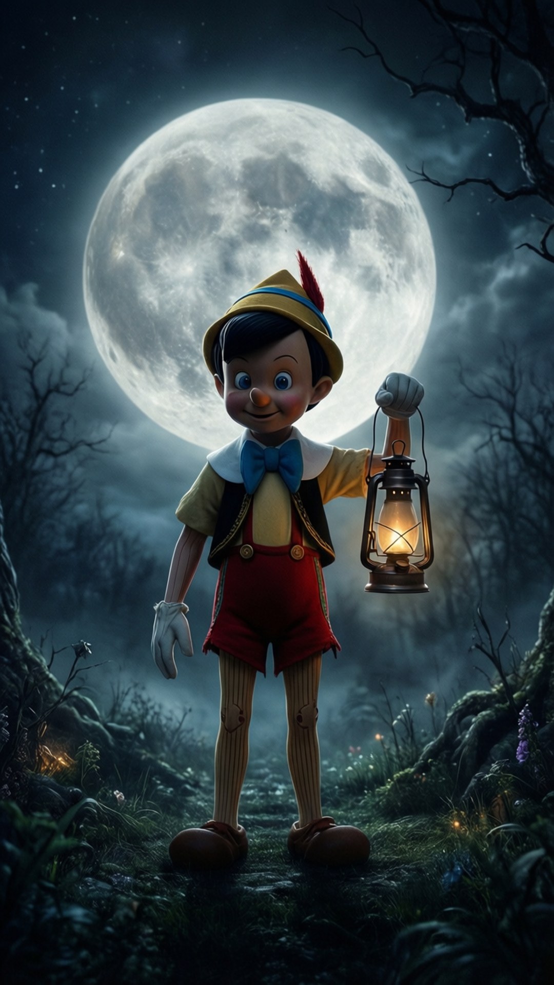 Pinocchio, moonlit forest, glowing lantern, Full HD Phone Wallpaper
