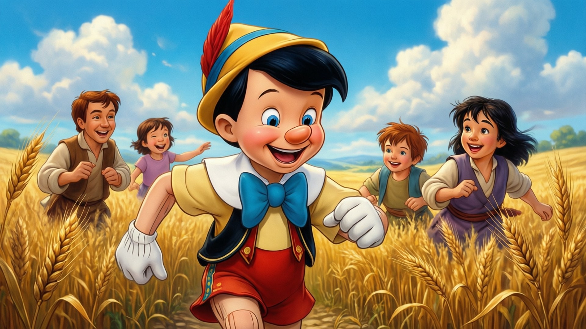 Pinocchio, golden wheat field, bright blue sky, Full HD Desktop Wallpaper