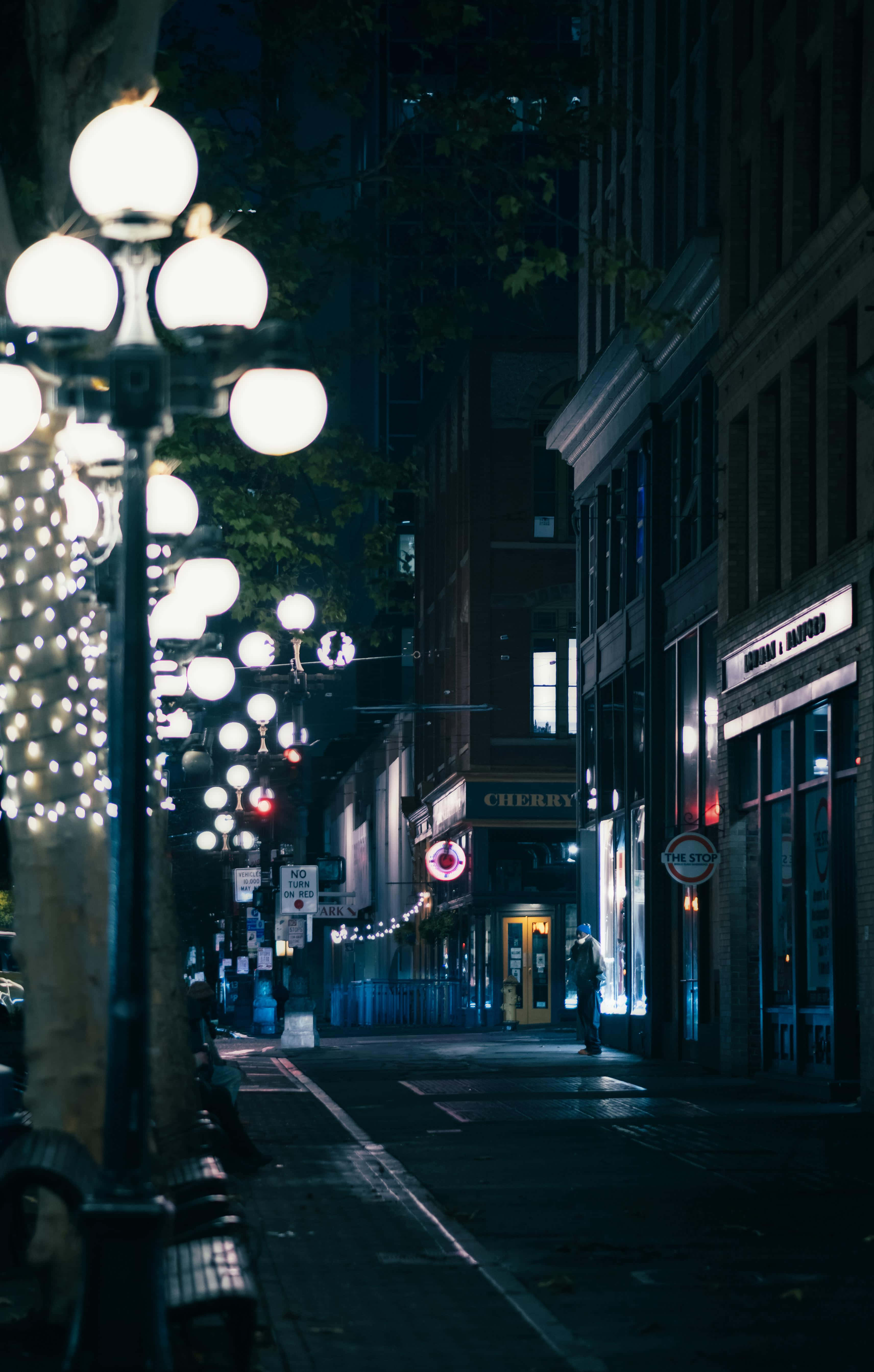 Pioneer Square Seattle, nighttime, street view, 5K Phone Wallpaper