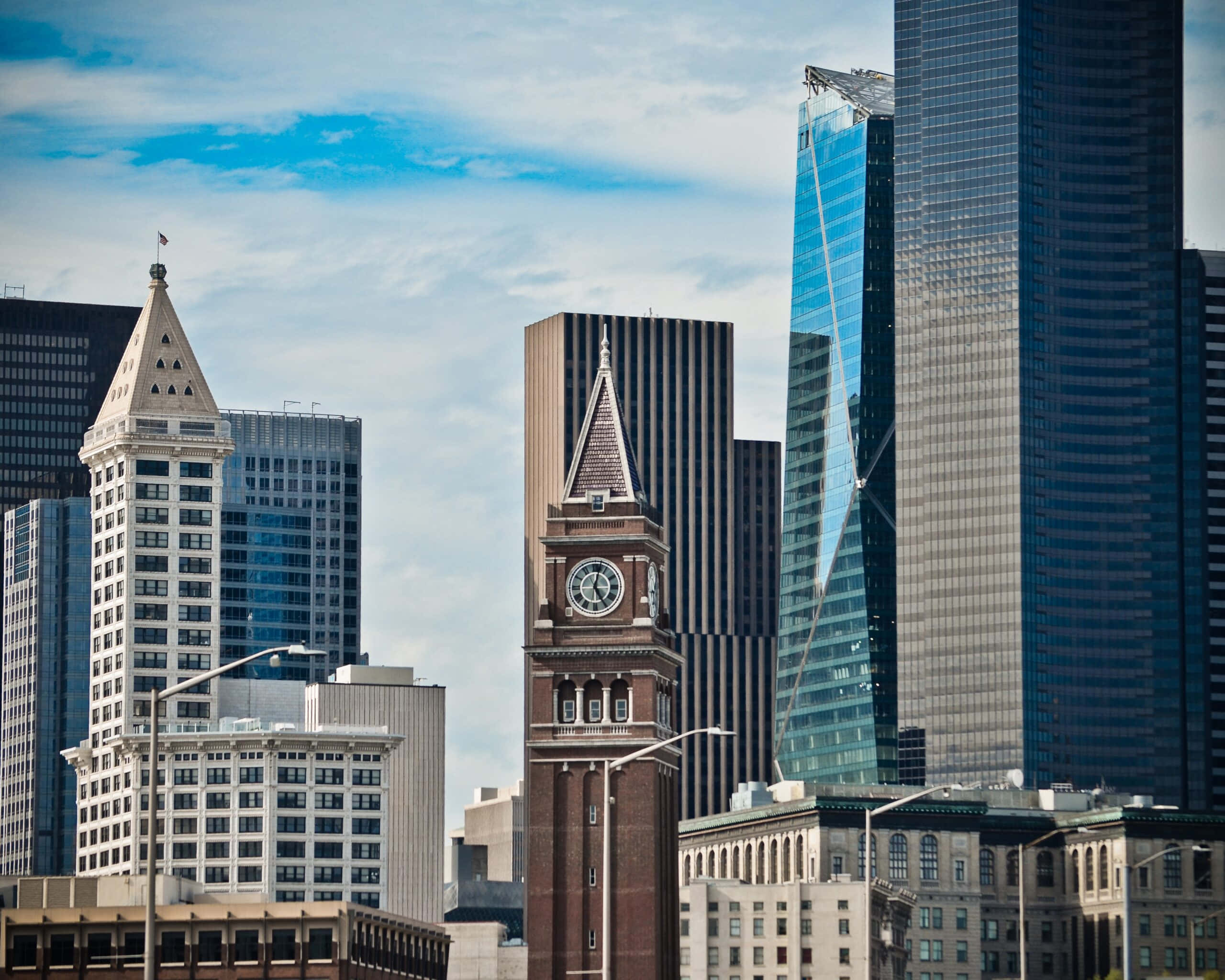 Seattle, historic clock tower, modern glass skyscrapers, 2K Desktop Wallpaper