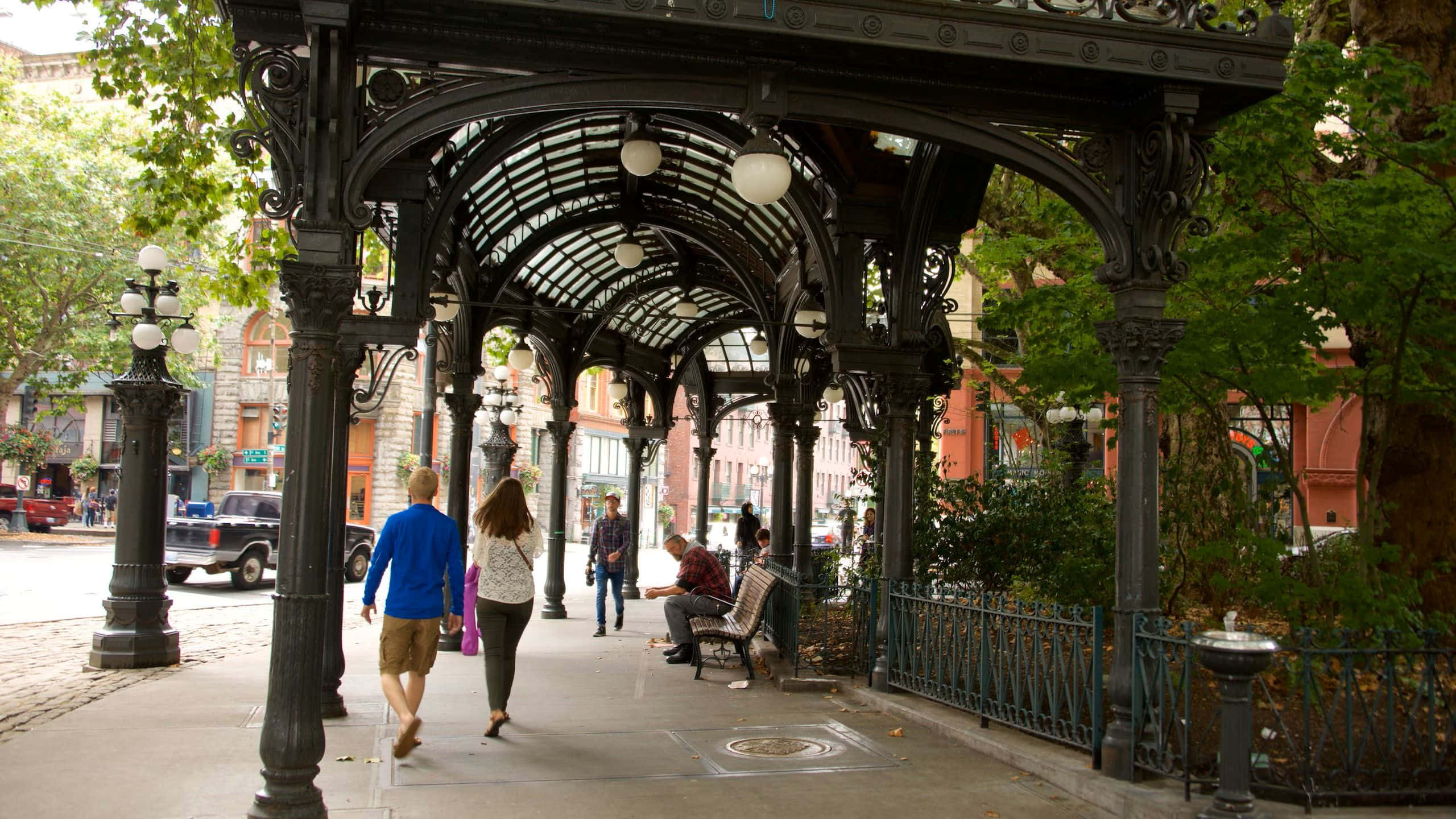 Pioneer Square Seattle, iron pergola, black iron gazebo, 2K Desktop Wallpaper