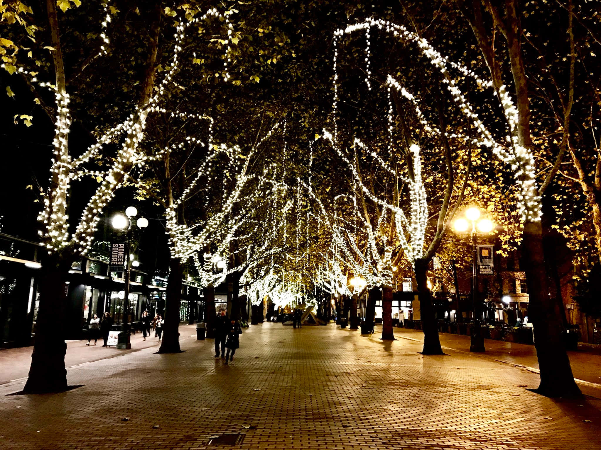 Pioneer Square Seattle, night lights, glowing string lights, Full HD Desktop Wallpaper