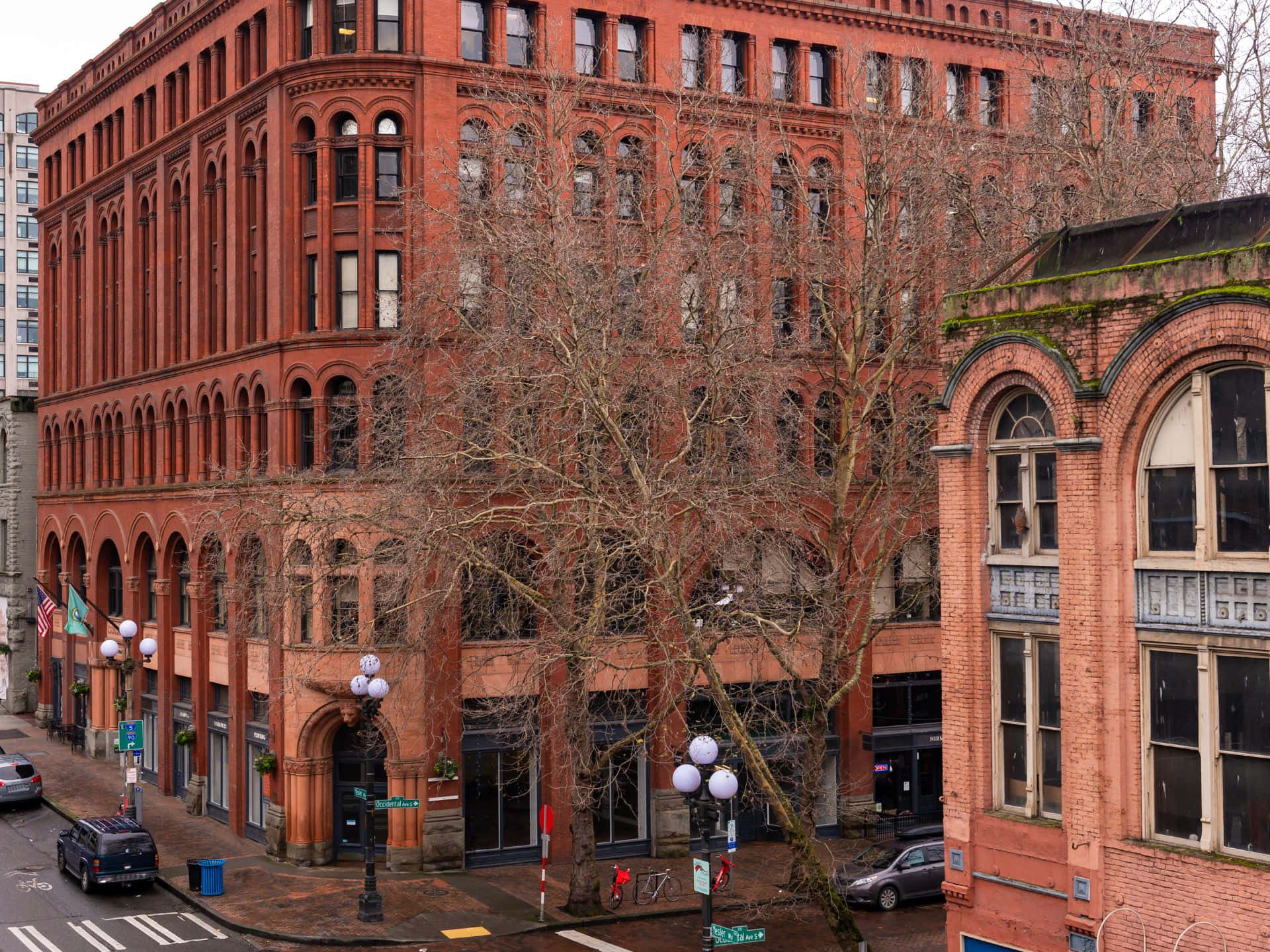 Pioneer Square, Seattle, red brick building, Full HD Desktop Wallpaper