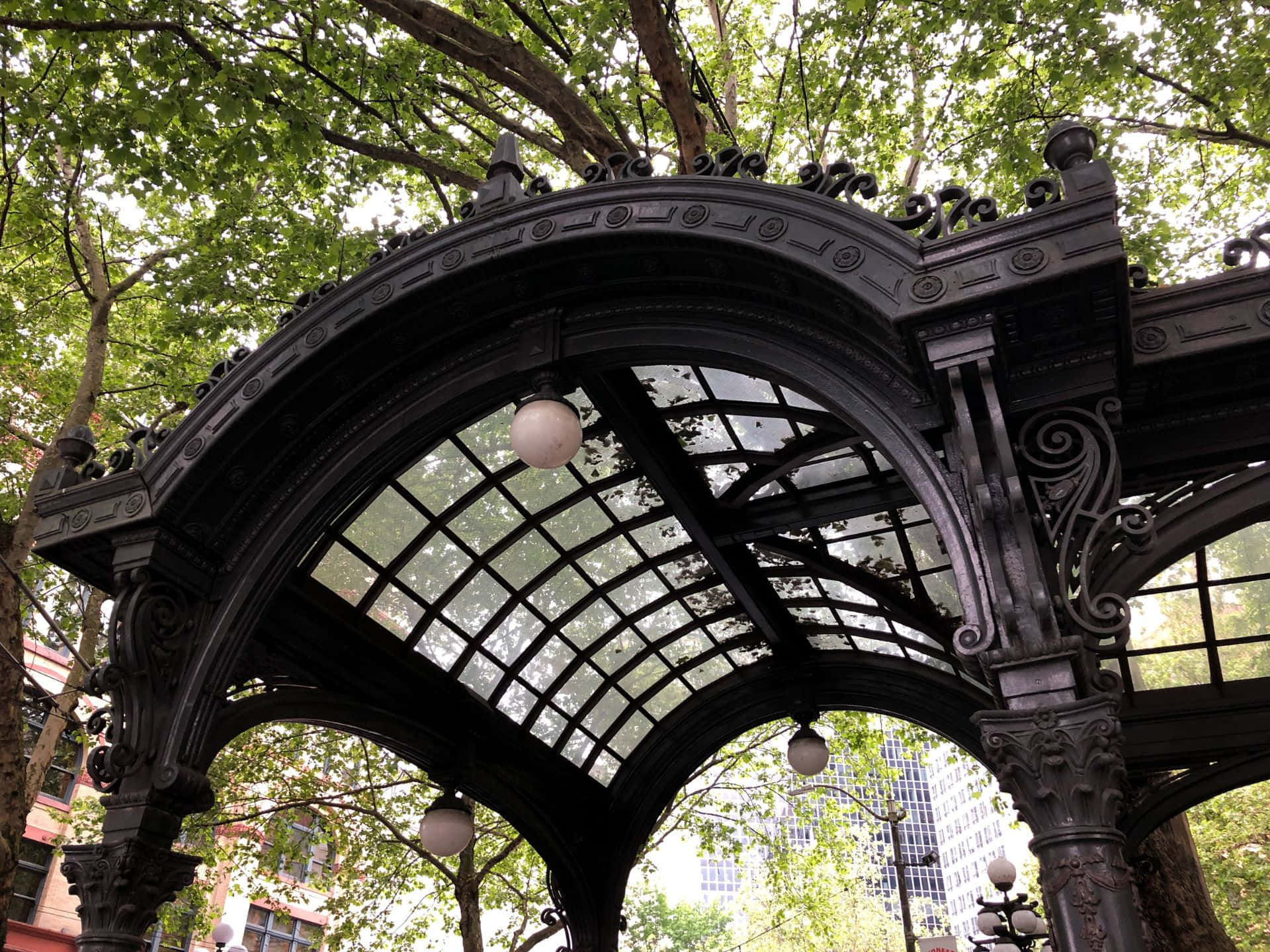 Pioneer Square Seattle, iron pergola, black iron gazebo, Full HD Desktop Wallpaper