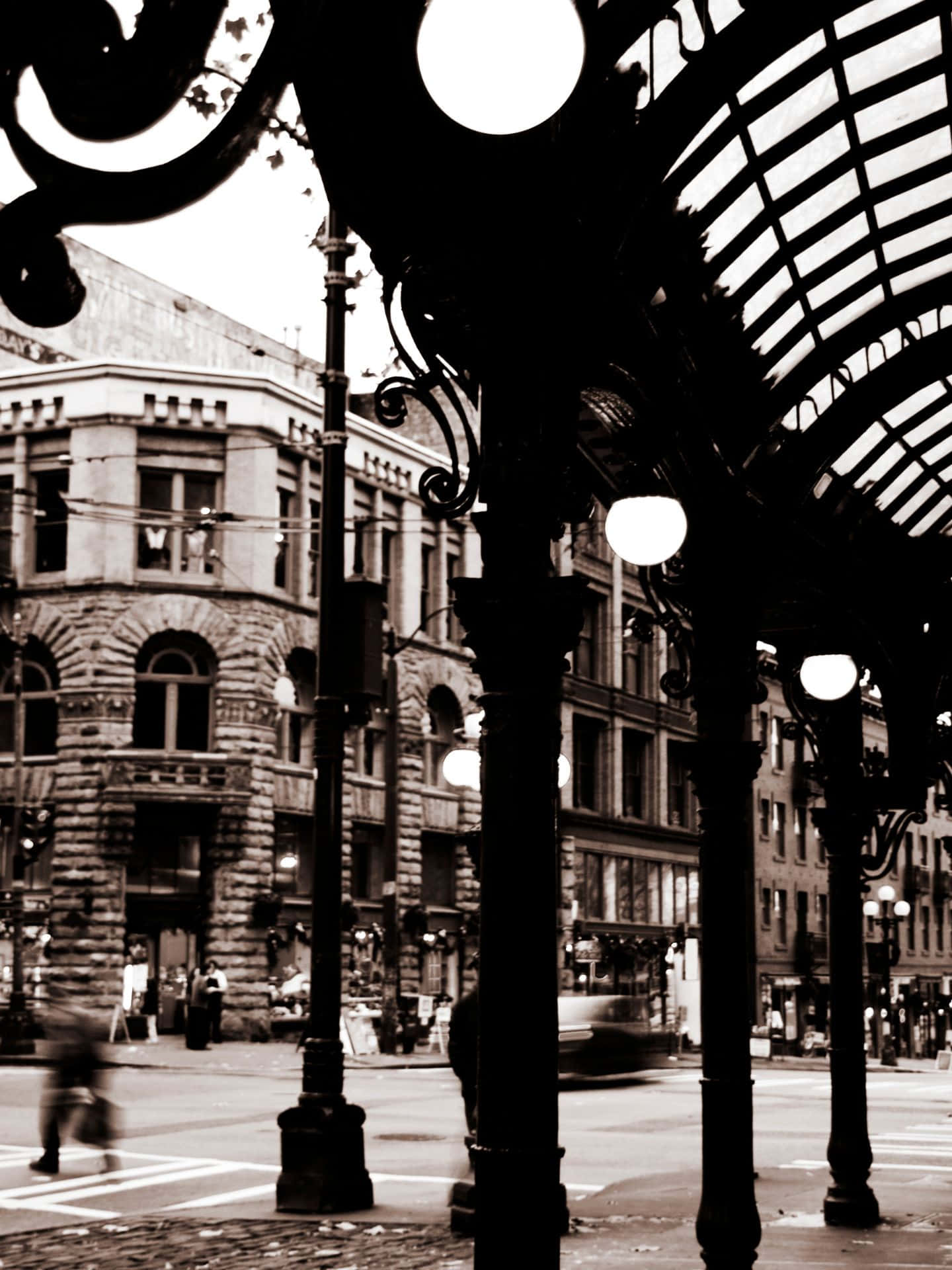 Pioneer Square Seattle, sepia tone, ornate lampposts, Full HD Phone Wallpaper