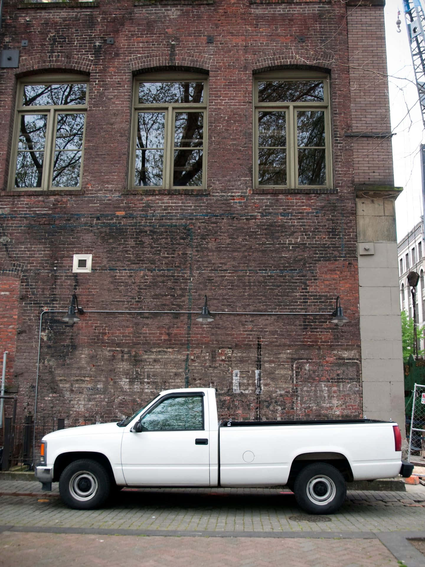 Pioneer Square Seattle, brick building, white pickup truck, Full HD Phone Wallpaper