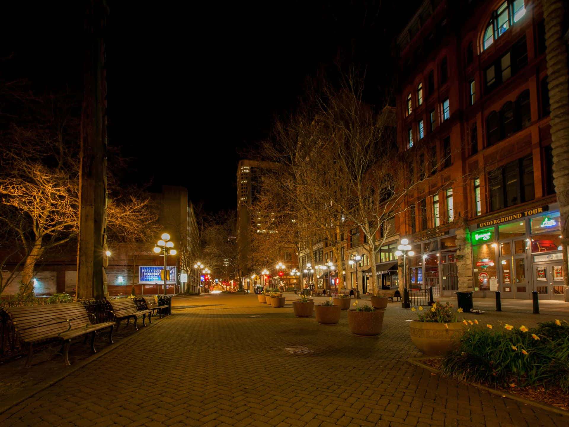 Pioneer Square Seattle, night scene, warm streetlights, Full HD Desktop Wallpaper