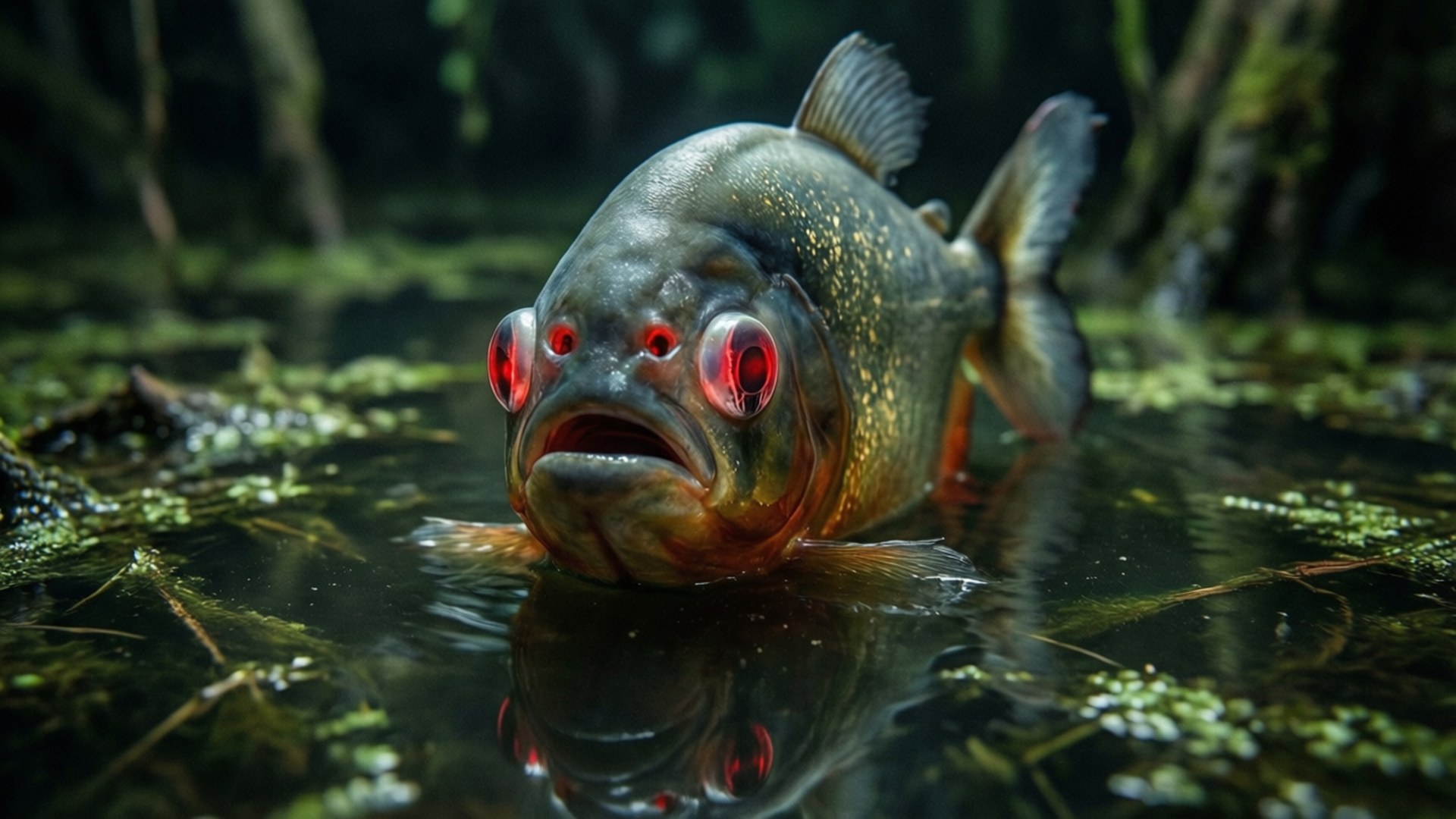 Dark Water Piranha, glowing eyes, dark water, Full HD Desktop Wallpaper