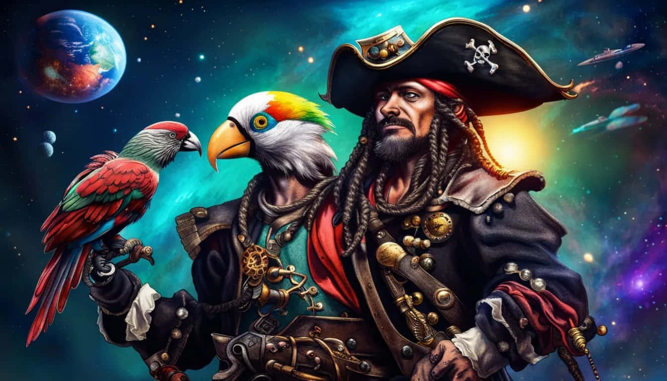 Cosmic Pirateand Parrot, pirate, braided beard, HD Desktop Wallpaper