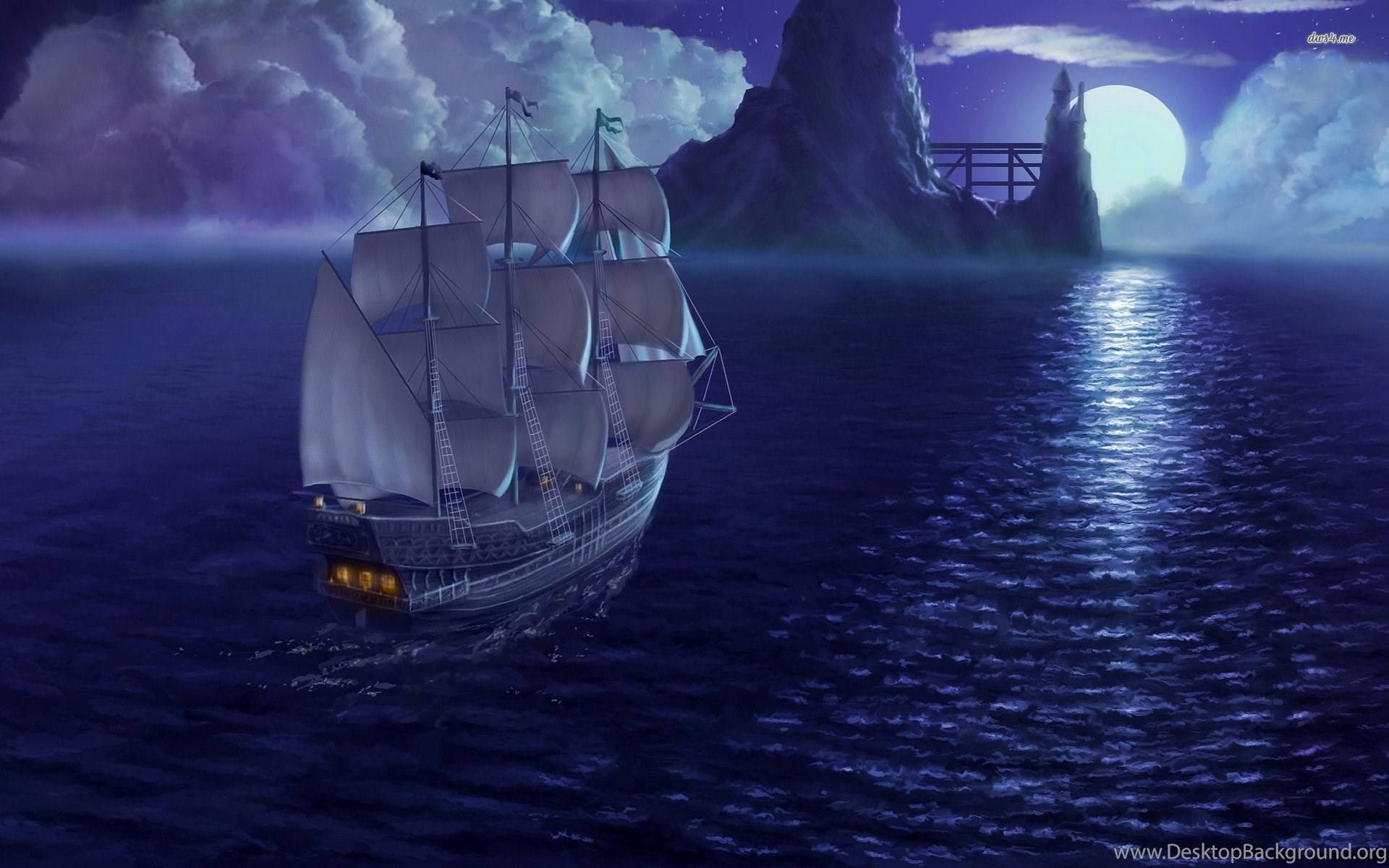 majestic pirate ship, sunset, moonlit ocean waters, Full HD Desktop Wallpaper