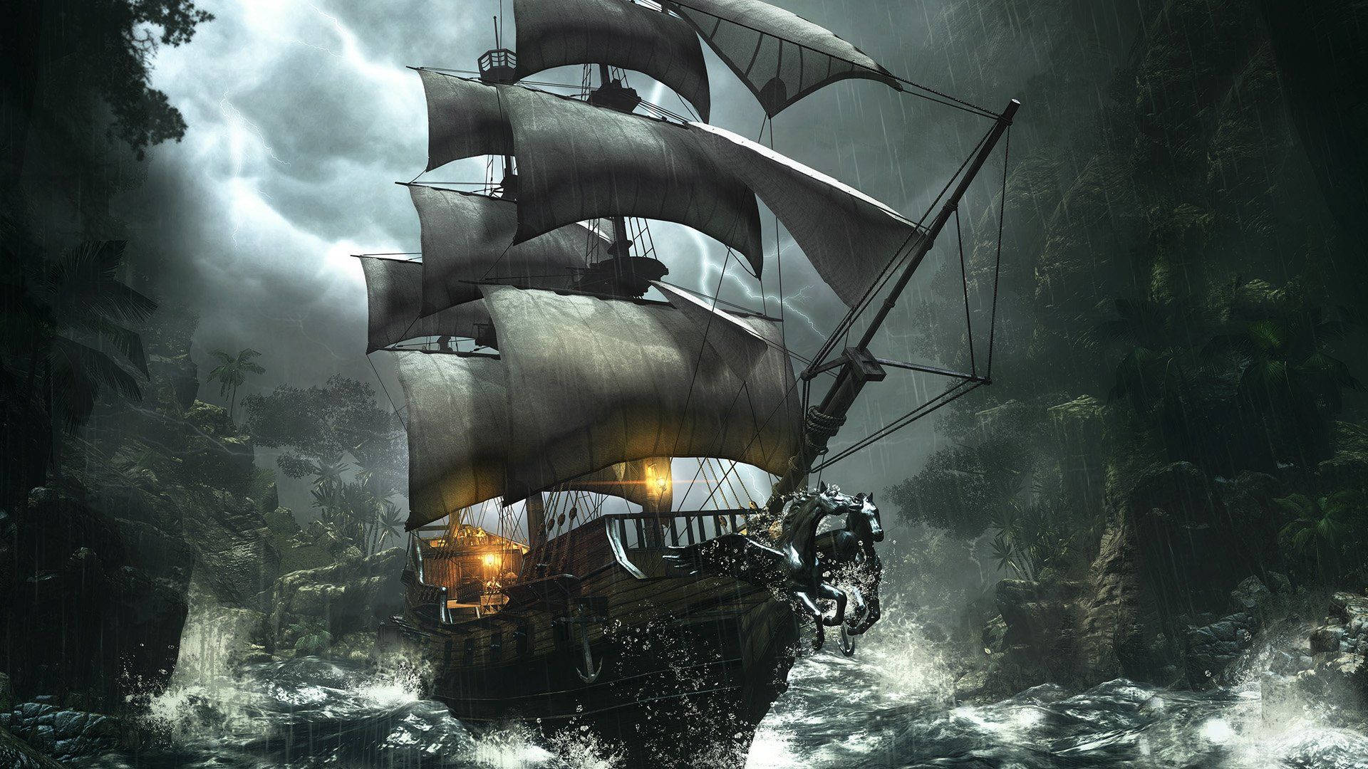 Pirate Ship, storm, glowing lanterns, Full HD Desktop Wallpaper