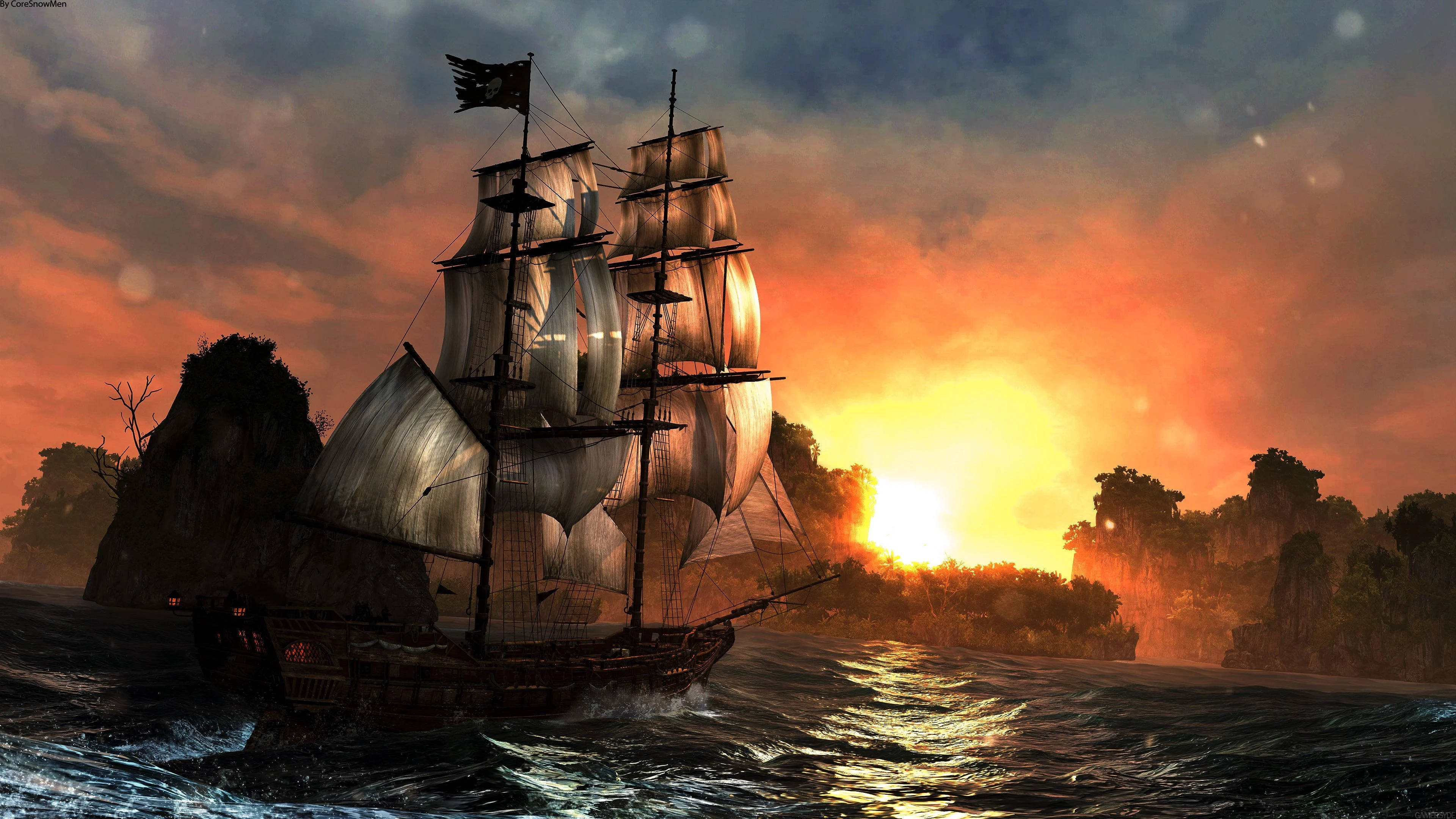 Pirate Ship, sunset, fiery orange clouds, 4K Desktop Wallpaper