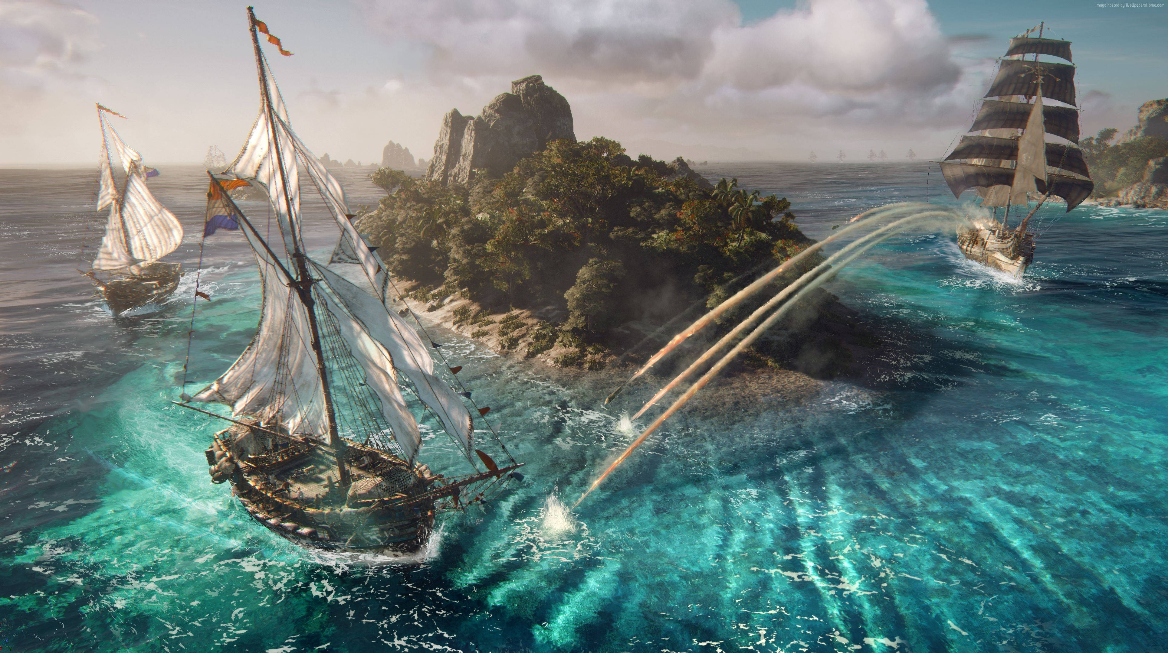 Pirate Ship, sailing ships, turquoise waters, 4K Desktop Wallpaper