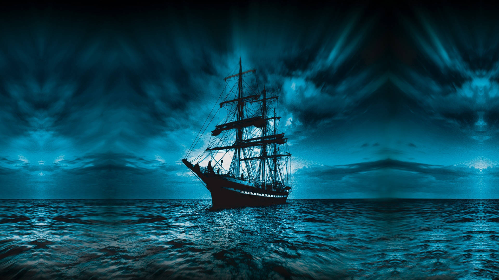 glowing blue, pirate ship, turbulent teal waters, Full HD Desktop Wallpaper