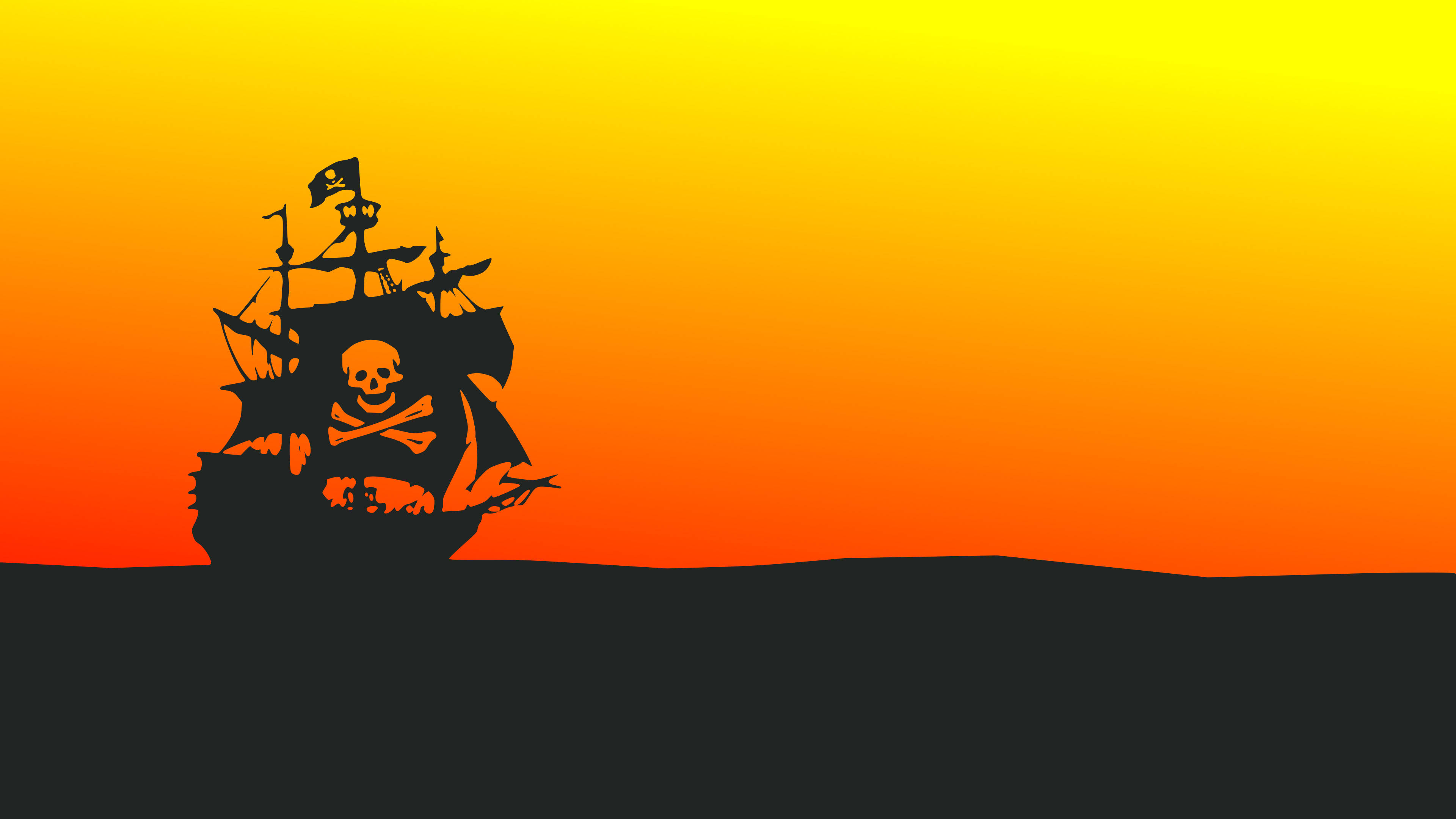 Pirate Ship, orange and black, fiery orange and yellow sunset, 4K Desktop Wallpaper