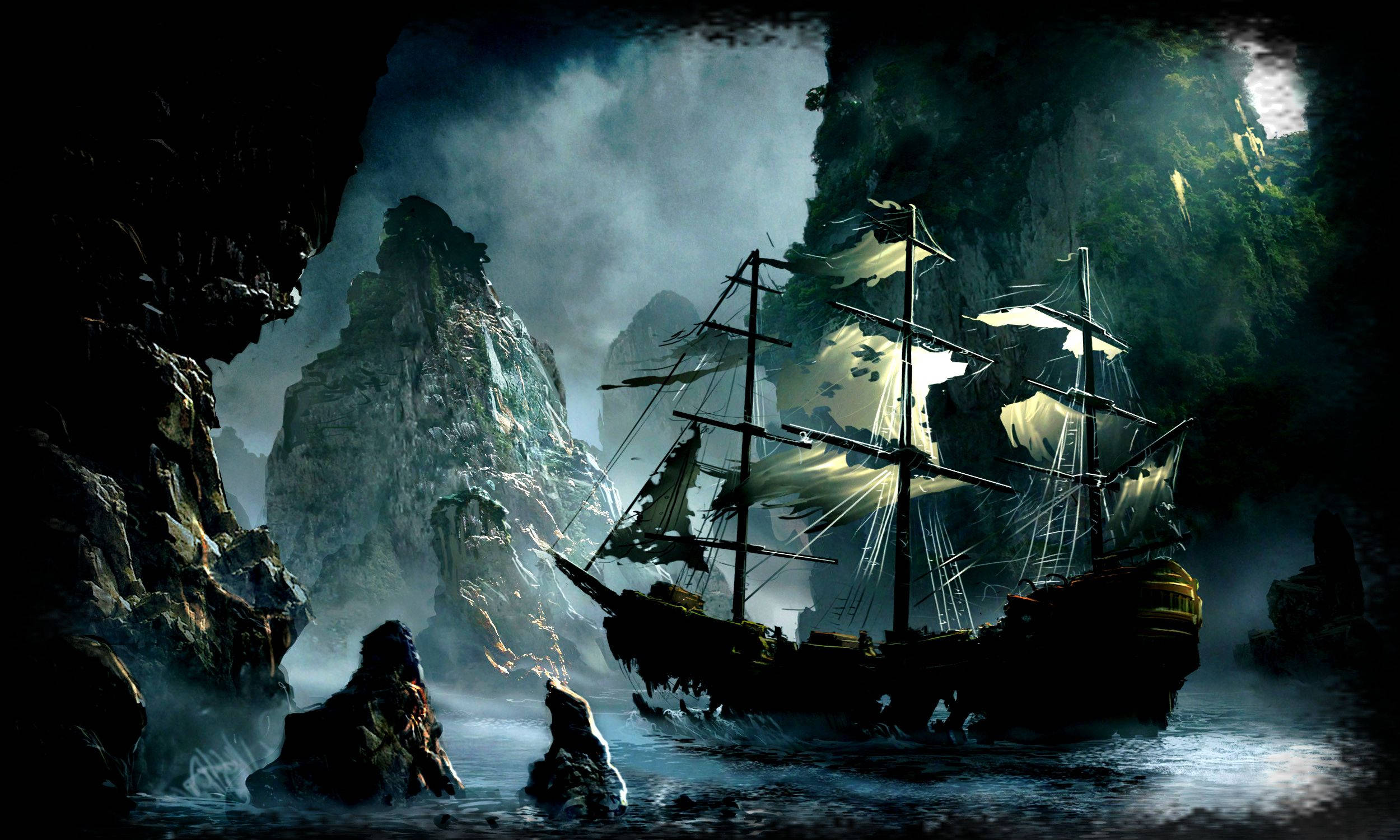 pirate ship, island paradise, misty sea cave, Full HD Desktop Wallpaper
