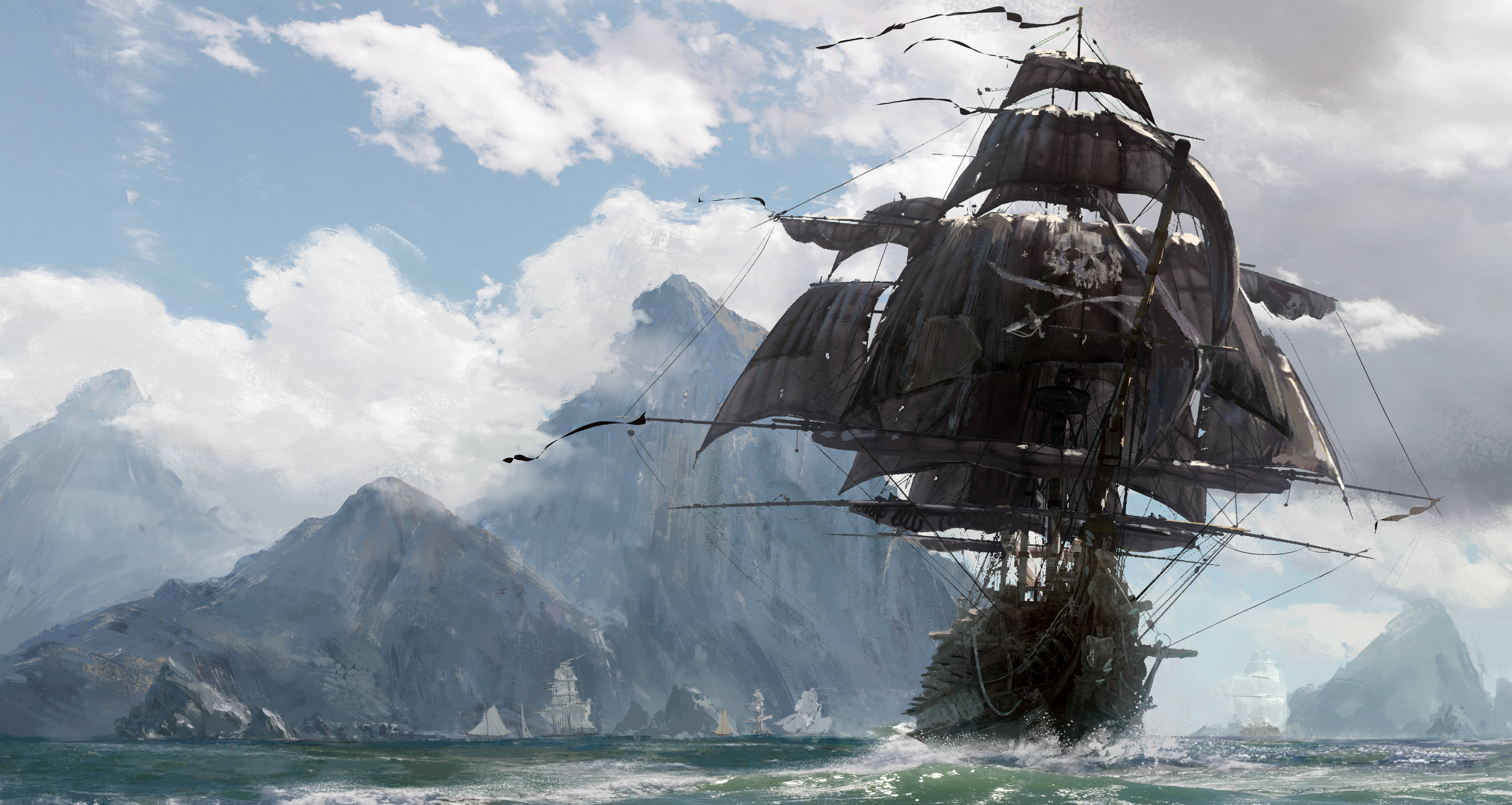 Pirate Ship, choppy seas, snow-capped mountains, 5K Desktop Wallpaper