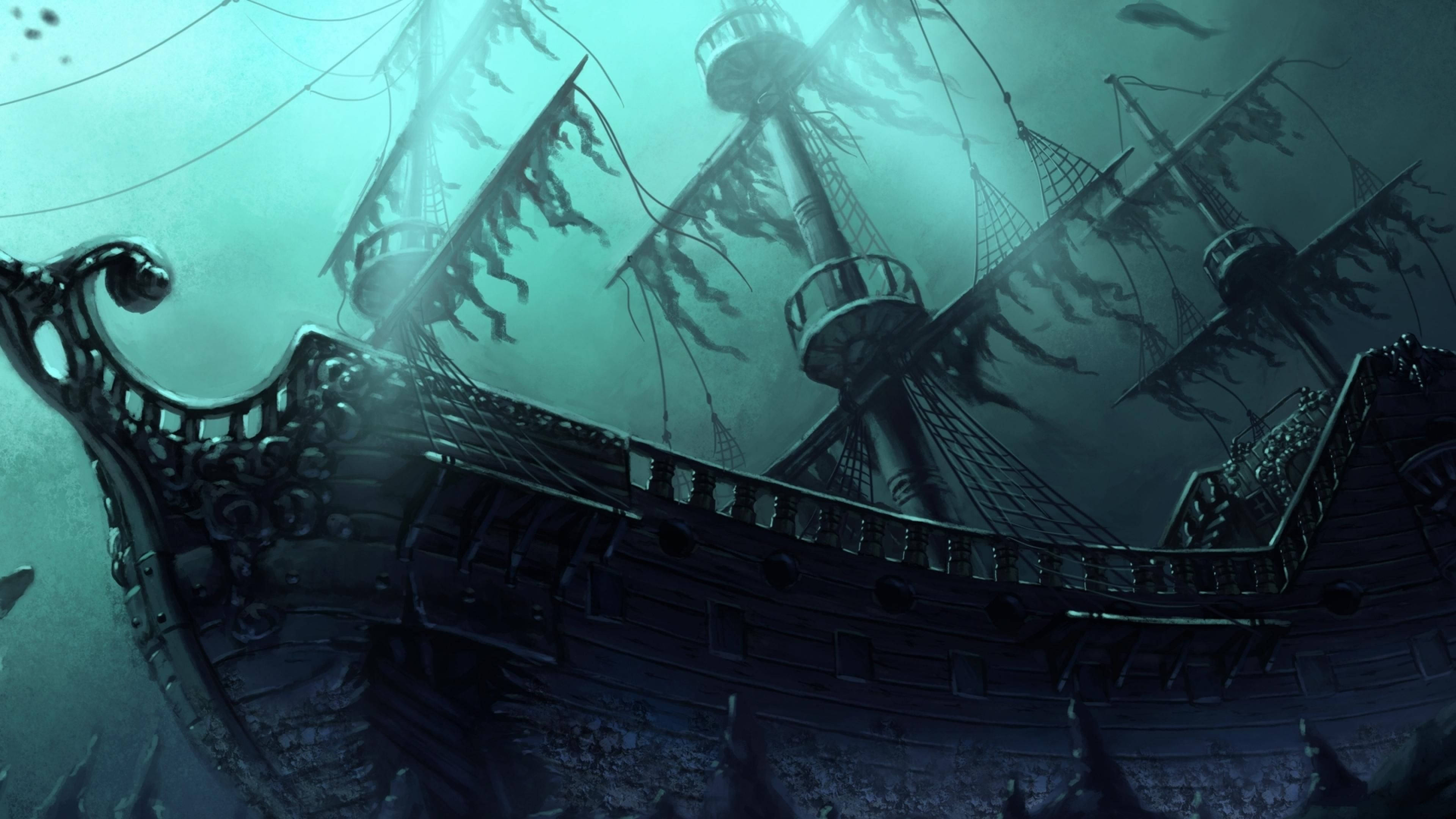 4K, Pirate Ship, abandoned underwater, 4K Desktop Wallpaper