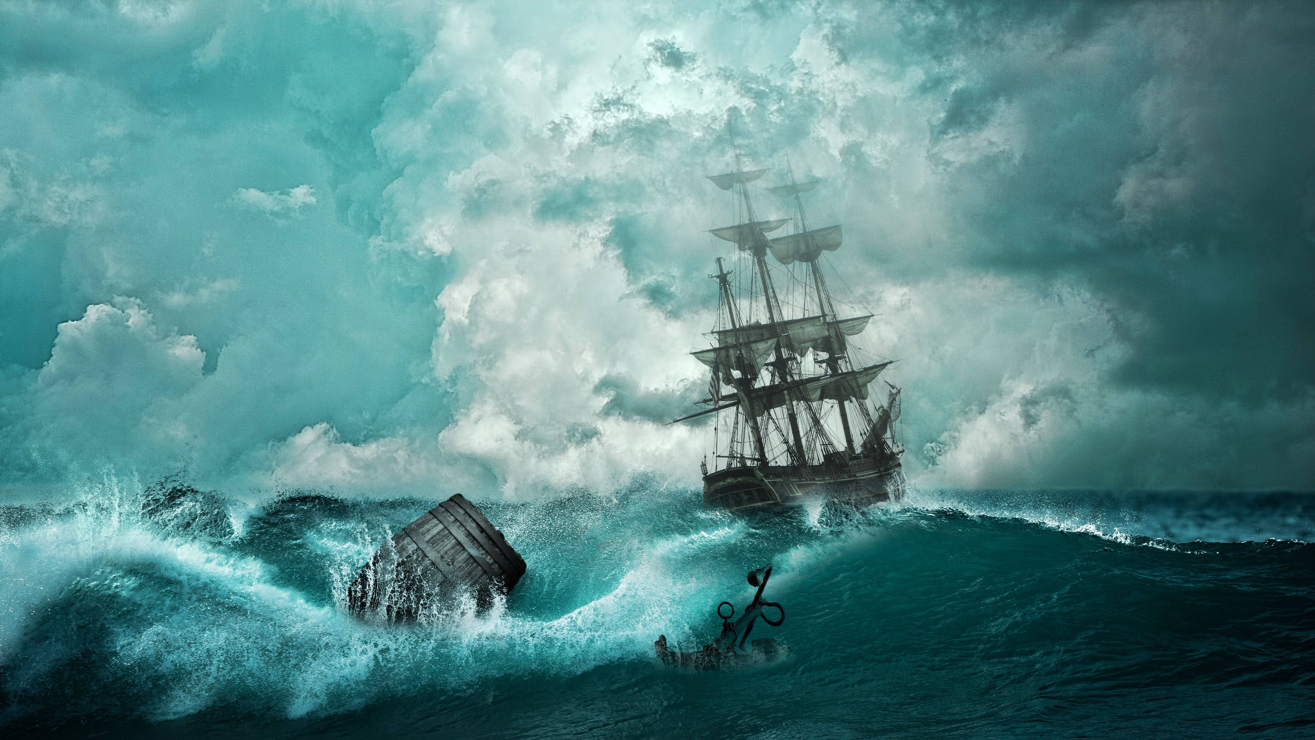 Pirate Ship, teal waves, lone sailor, 4K Desktop Wallpaper
