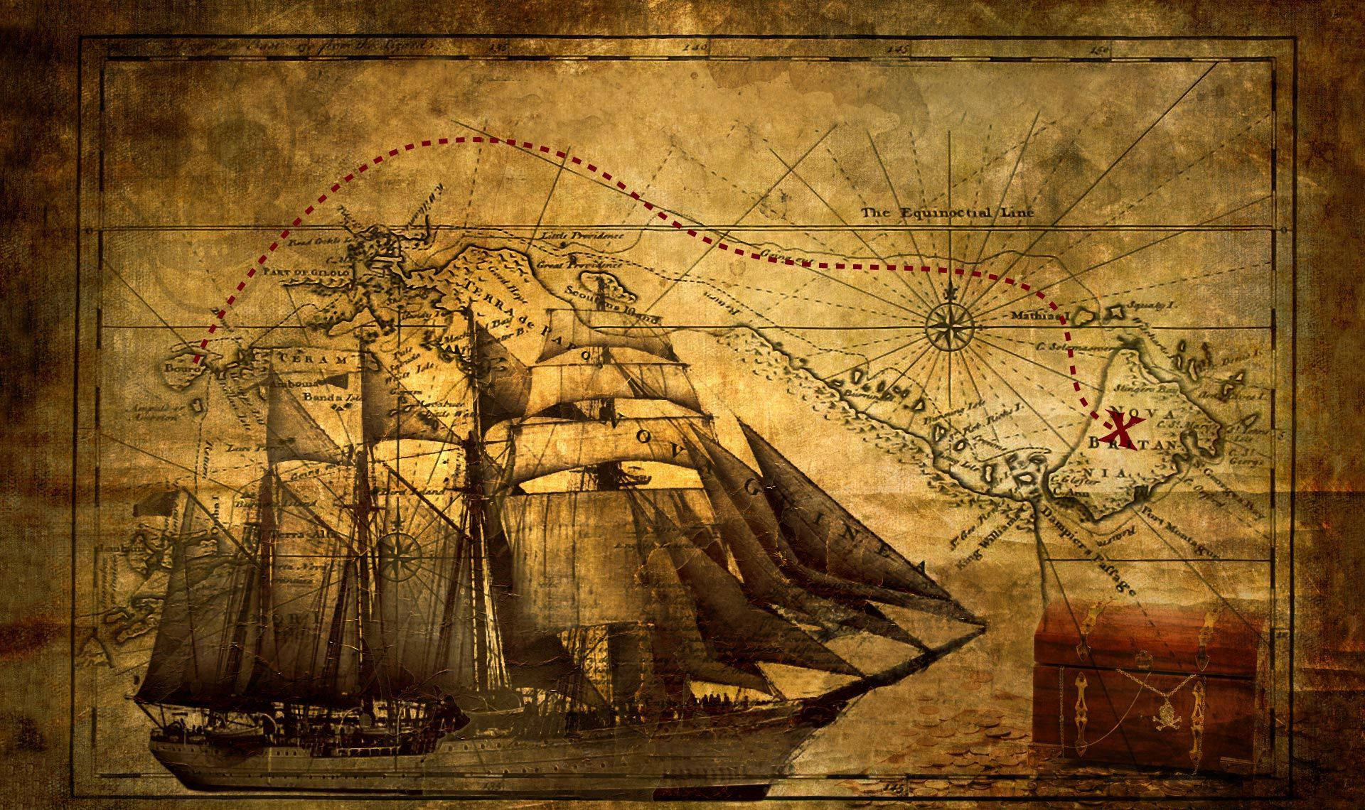 Pirate Ship, treasure map, dotted route, Full HD Desktop Wallpaper