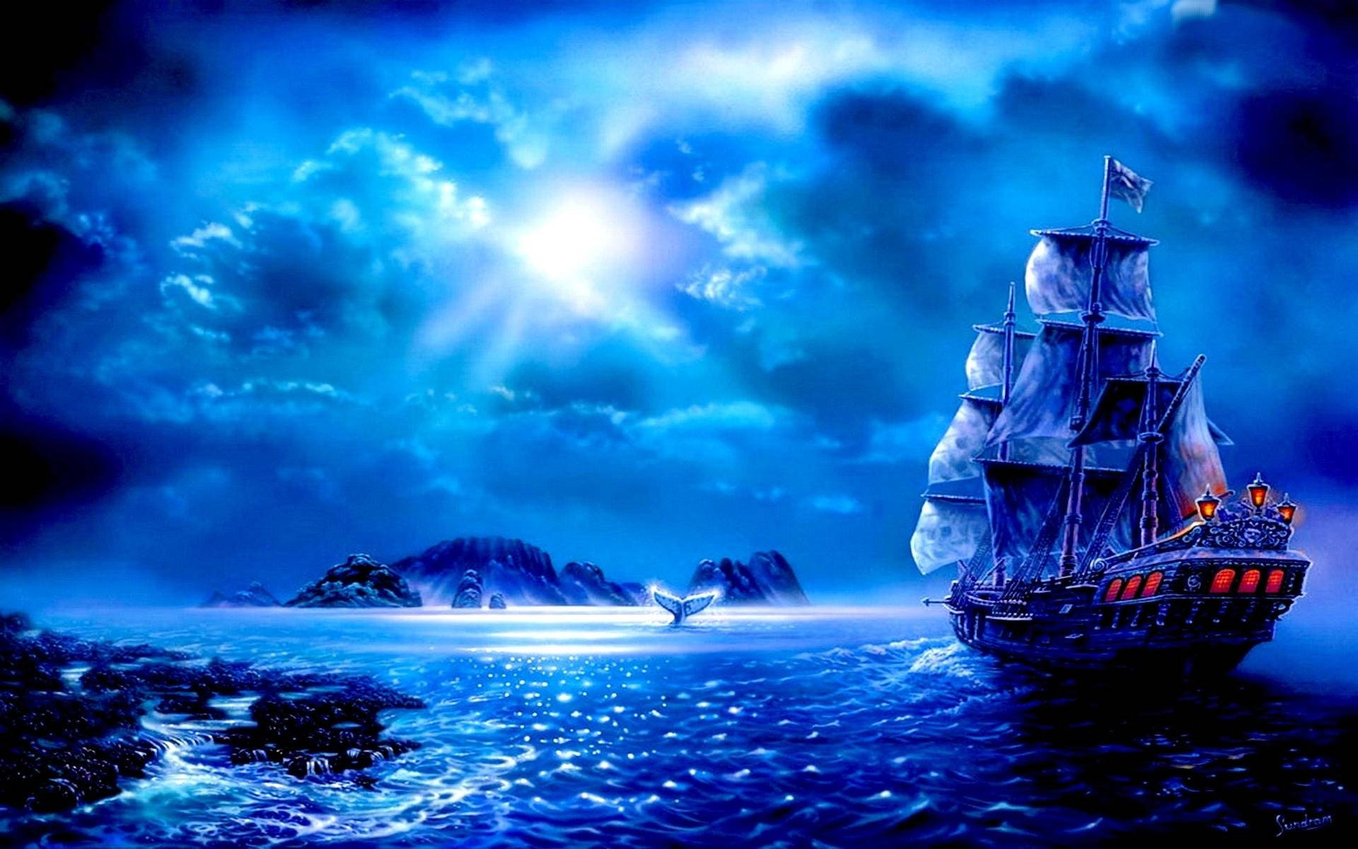 Enchanting Pirate Ship, radiant moon, turbulent blue waters, Full HD Desktop Wallpaper