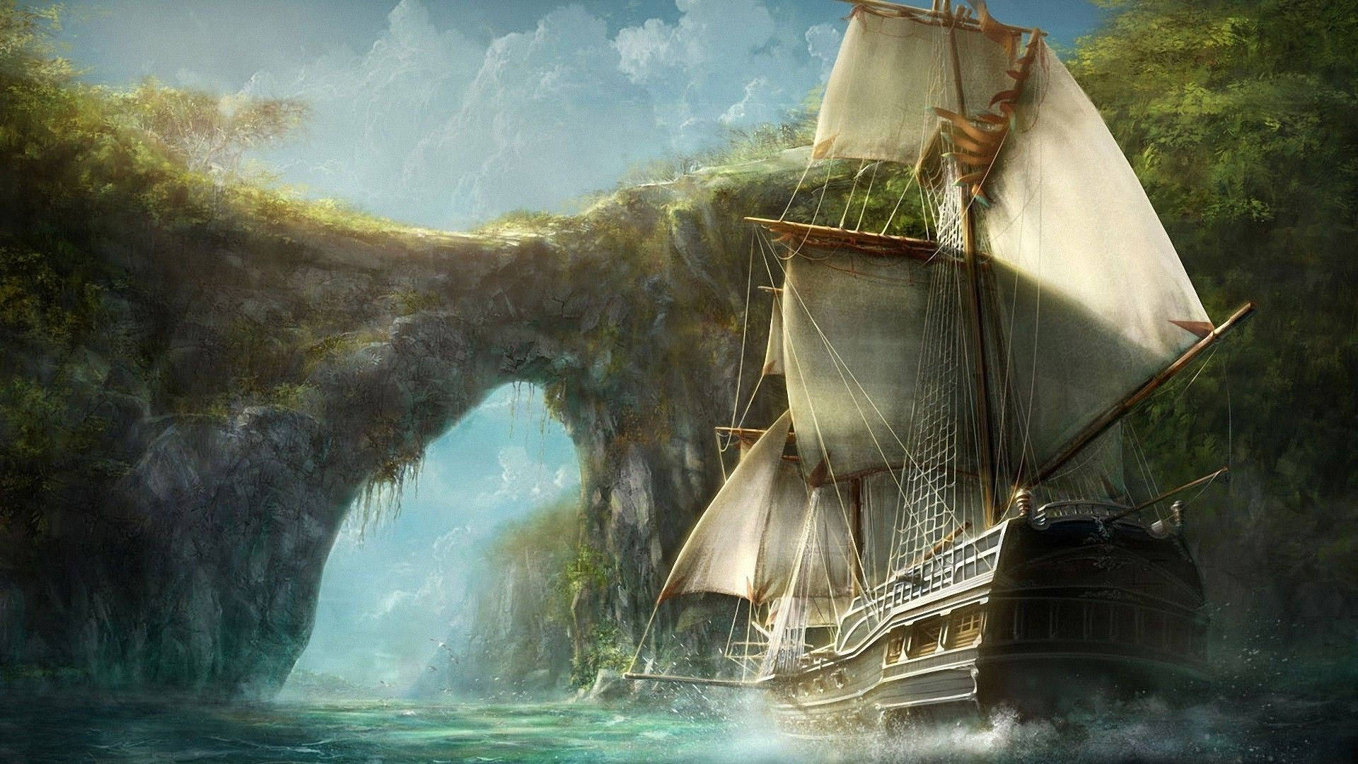 Pirate Ship, lagoon, natural rock arch, Full HD Desktop Wallpaper