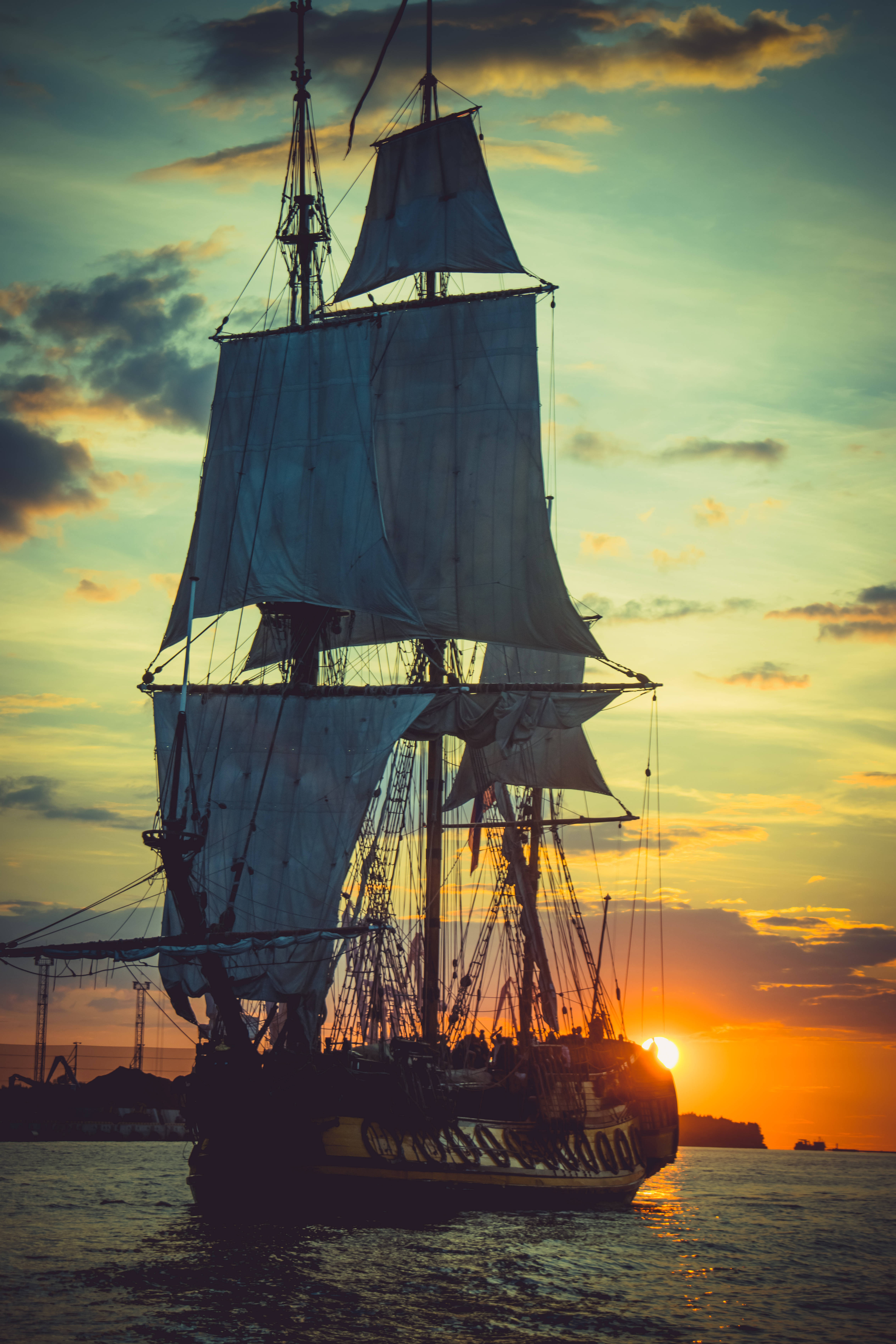 Pirate Ship, sunset, vibrant orange, 5K Phone Wallpaper