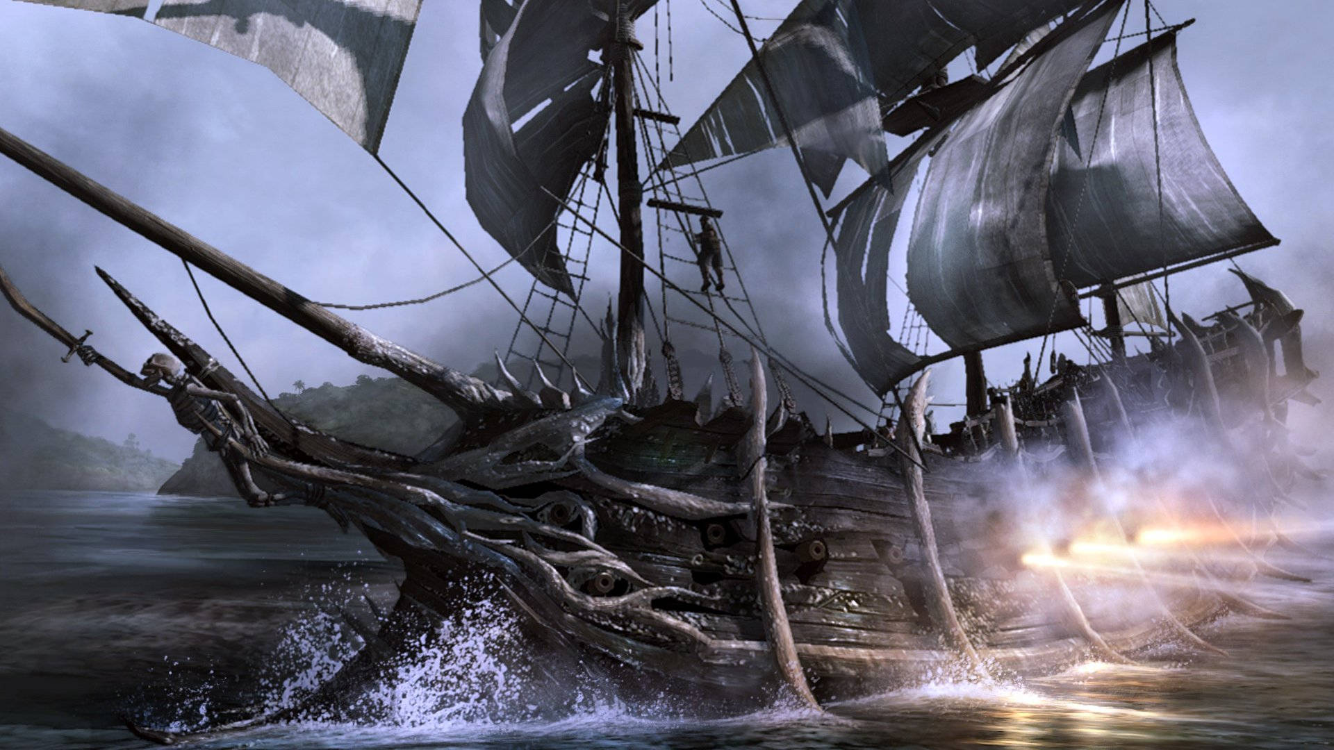 Dark Pirate Ship, decaying pirate ship, gnarled wooden hull, Full HD Desktop Wallpaper