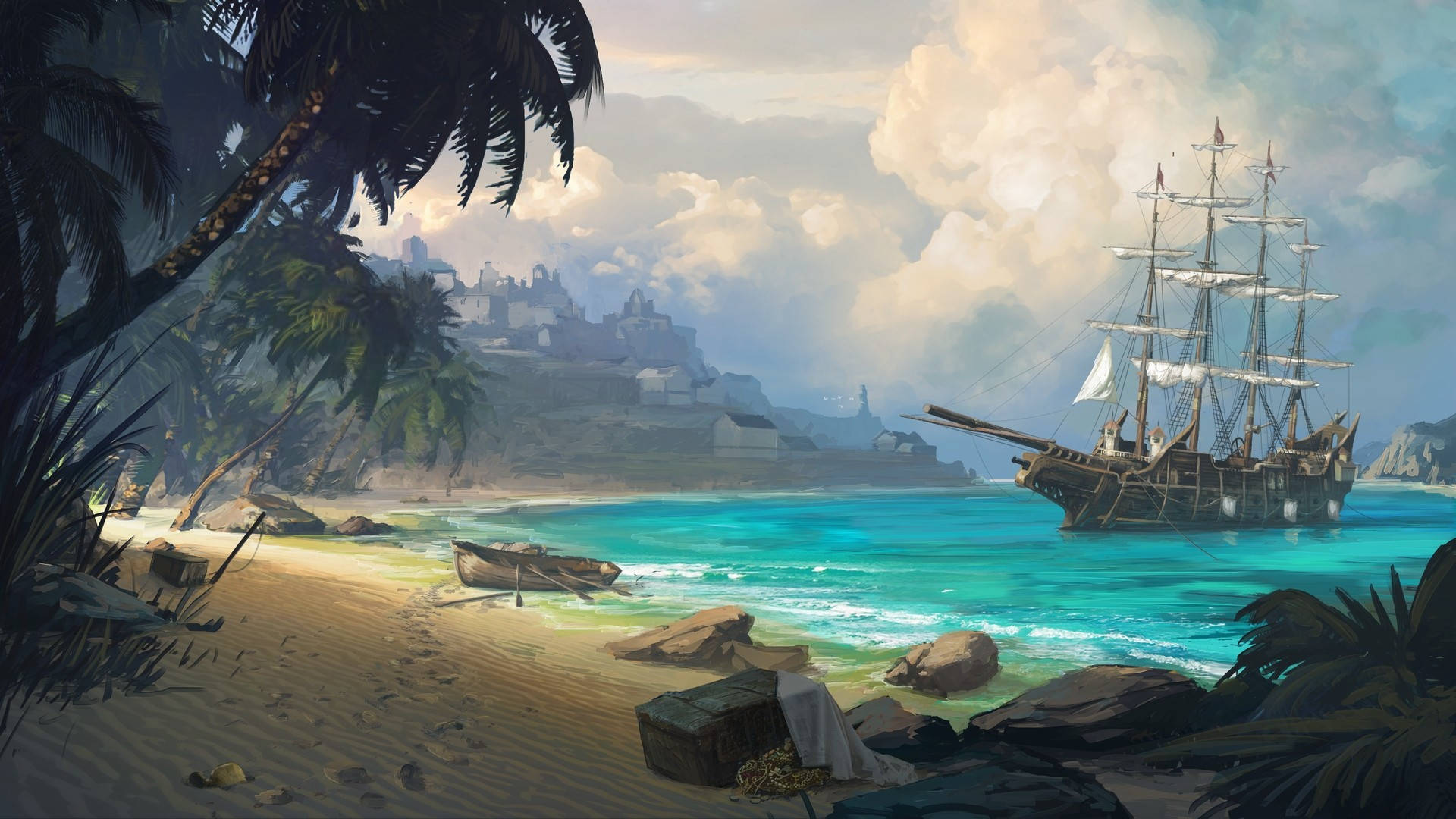Pirate Ship, turquoise shore, treasure chest, Full HD Desktop Wallpaper