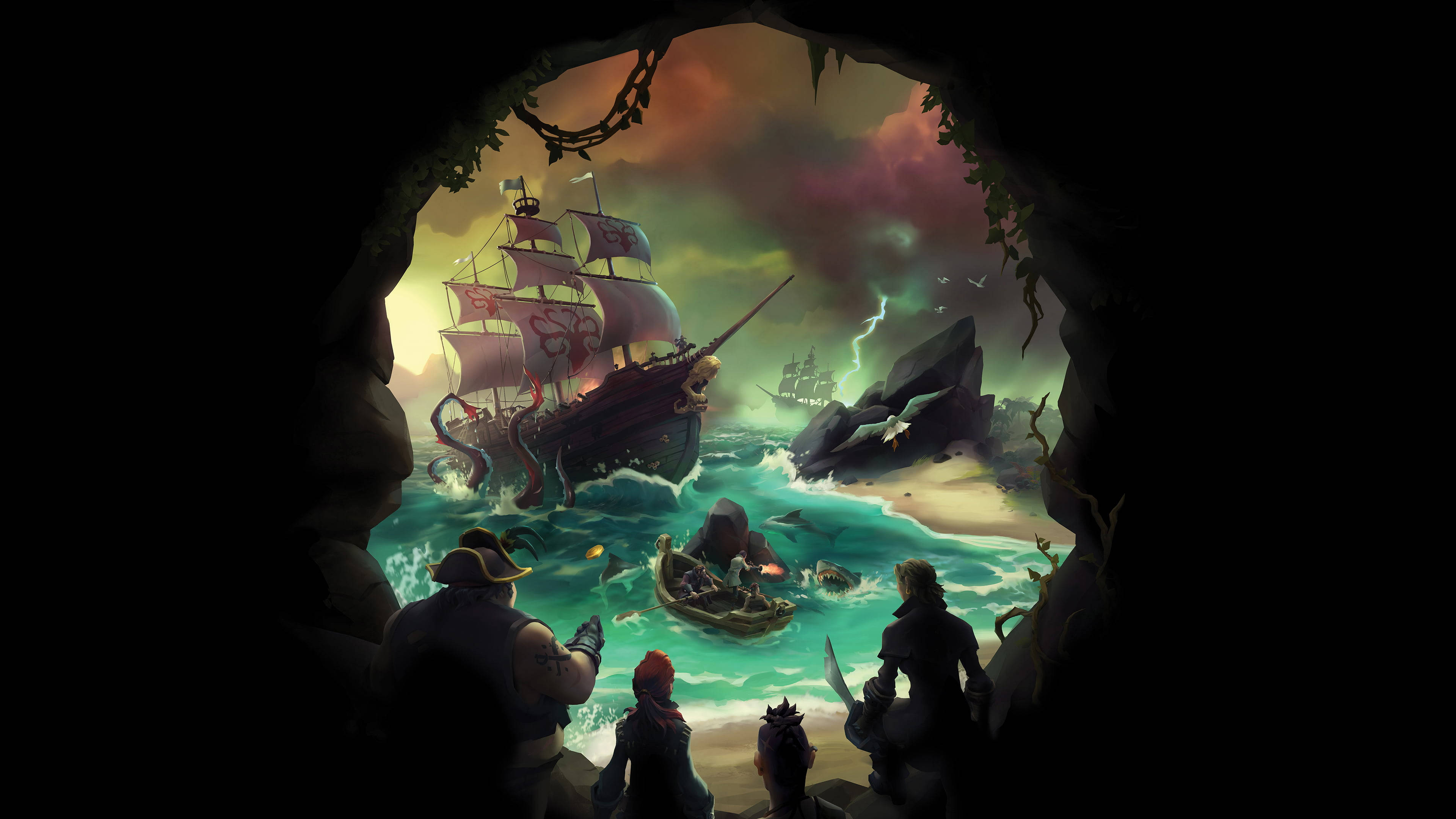 Pirate Ship, stormy seas, dark cave entrance, 4K Desktop Wallpaper