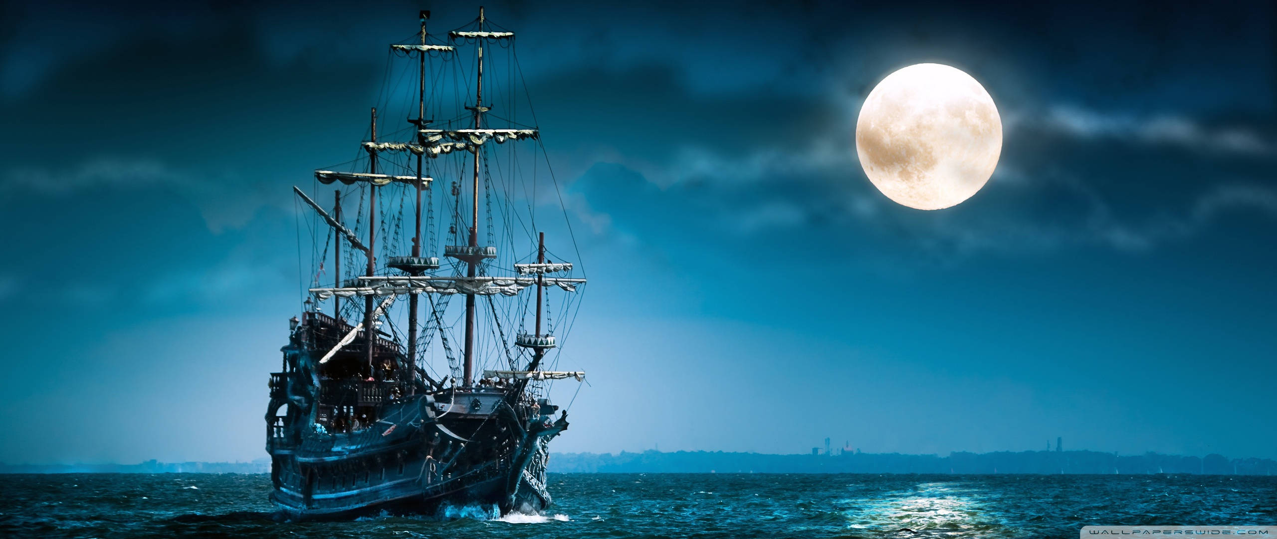 Pirate Ship, bright moon, dark blue ocean, 2K Desktop Wallpaper