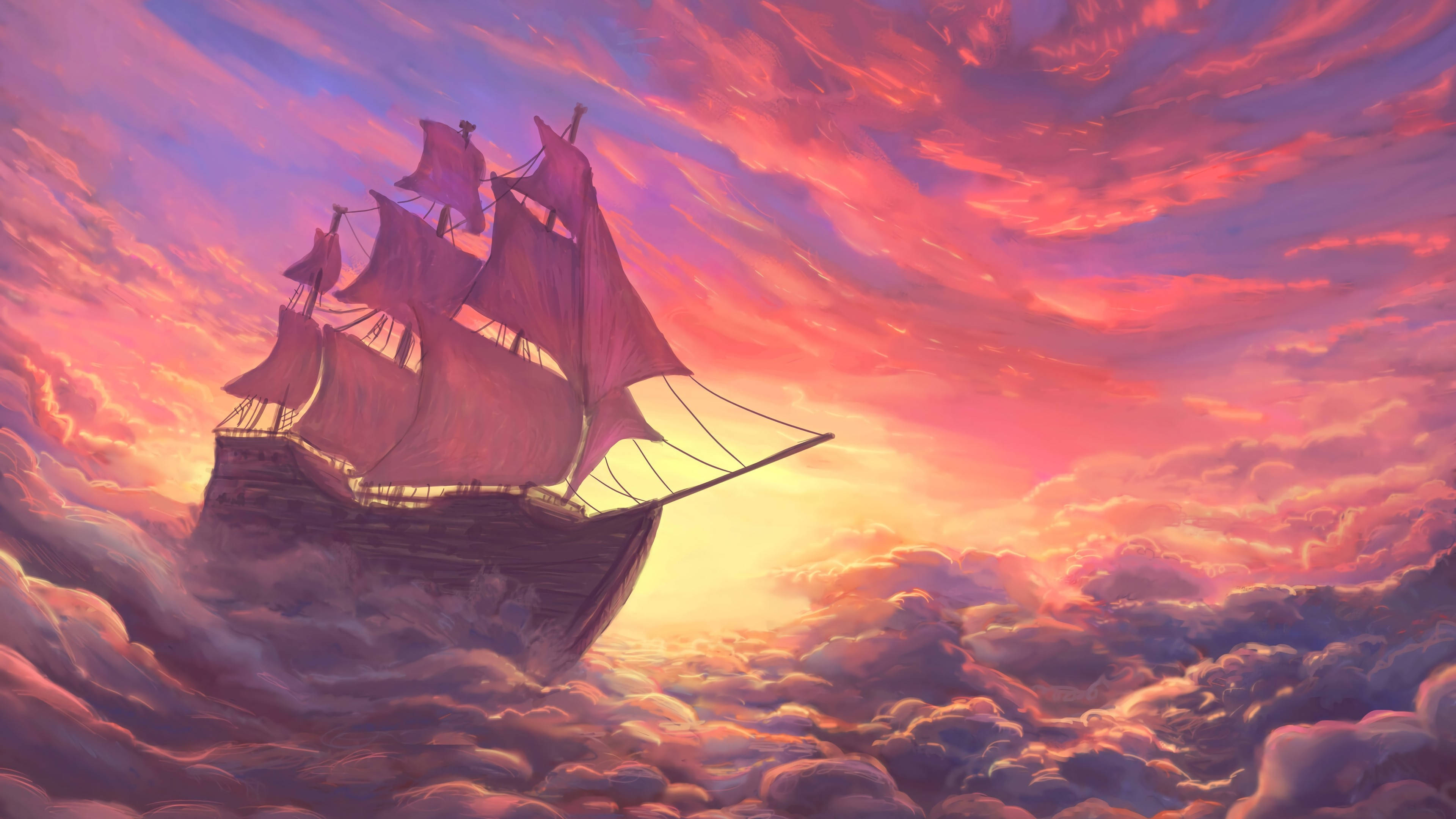 pink aesthetic, pirate ship, sea of clouds, 4K Desktop Wallpaper