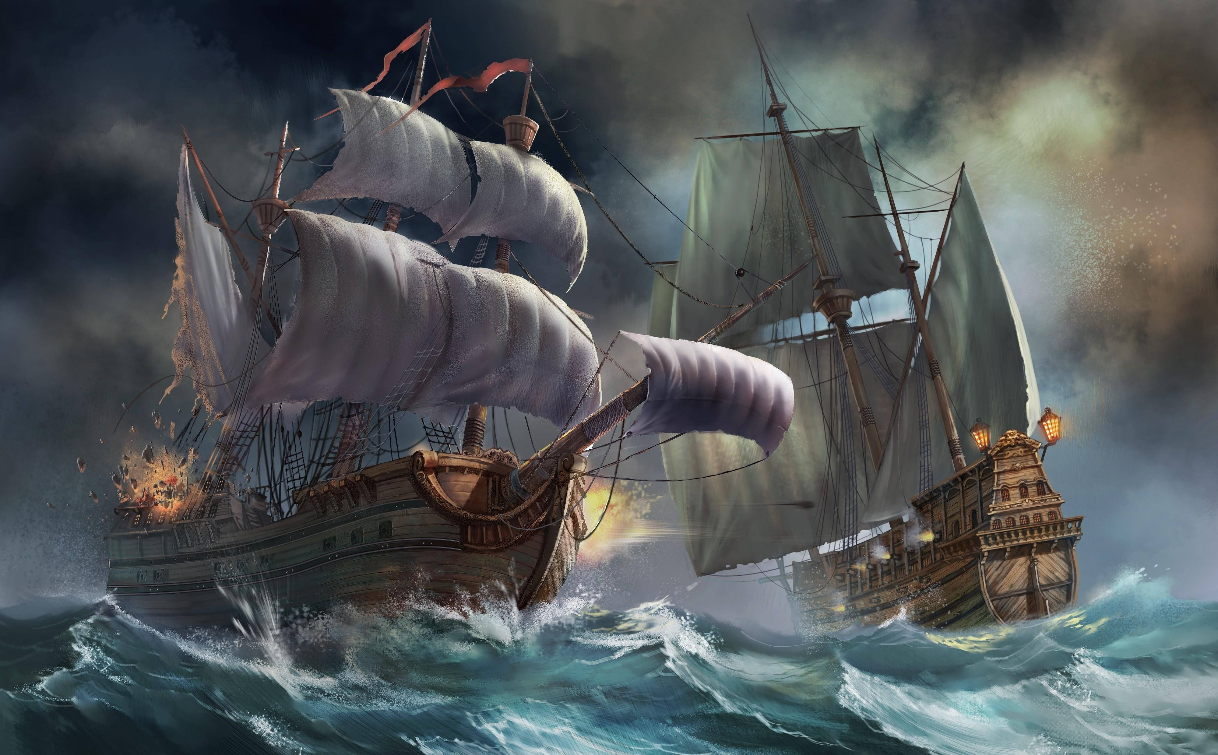 Pirate Ship, sailing ships, stormy sea, 4K Desktop Wallpaper