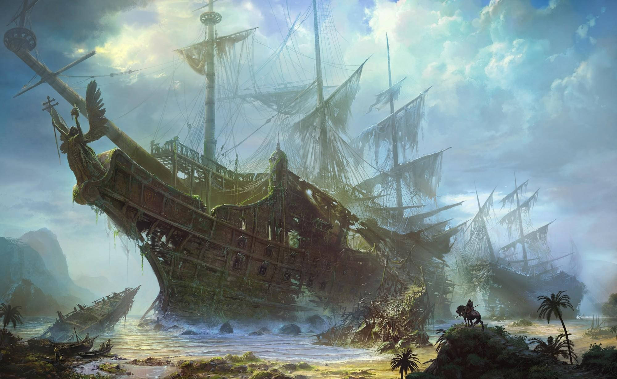 fantasy pirate ship wreck, moss-covered, tropical shore, Full HD Desktop Wallpaper