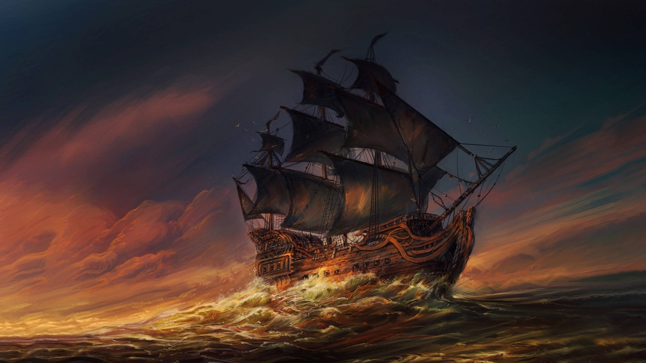 Pirate Ship, stormy seas, fiery sunset sky, 2K Desktop Wallpaper