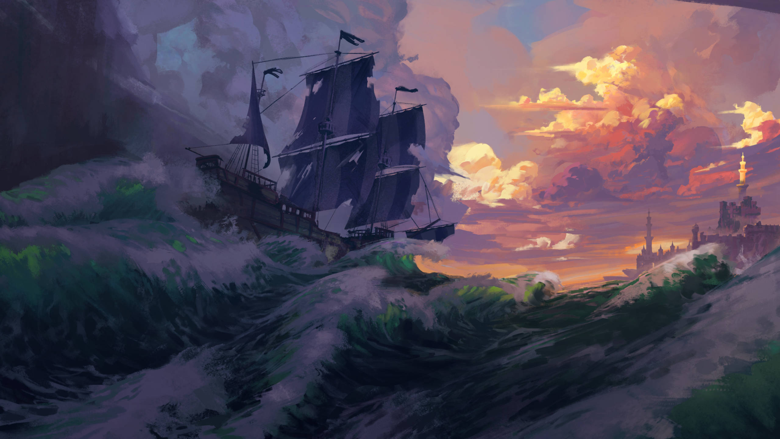 Pirate Ship, fiery sunset sky, towering green waves, 2K Desktop Wallpaper