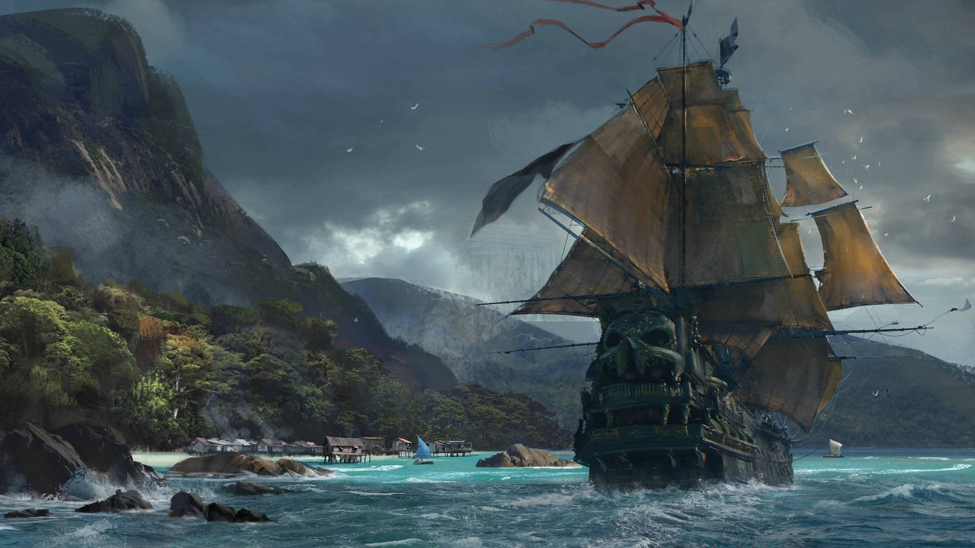 scary old pirate ship, tattered sails, turbulent turquoise waters, Full HD Desktop Wallpaper