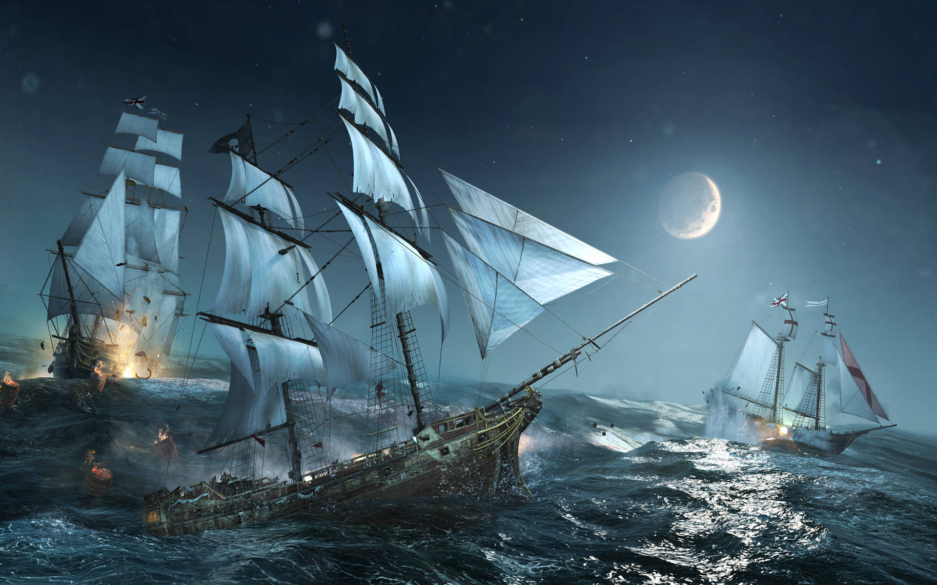 Pirate Ship, crescent moon, sails ablaze, Full HD Desktop Wallpaper