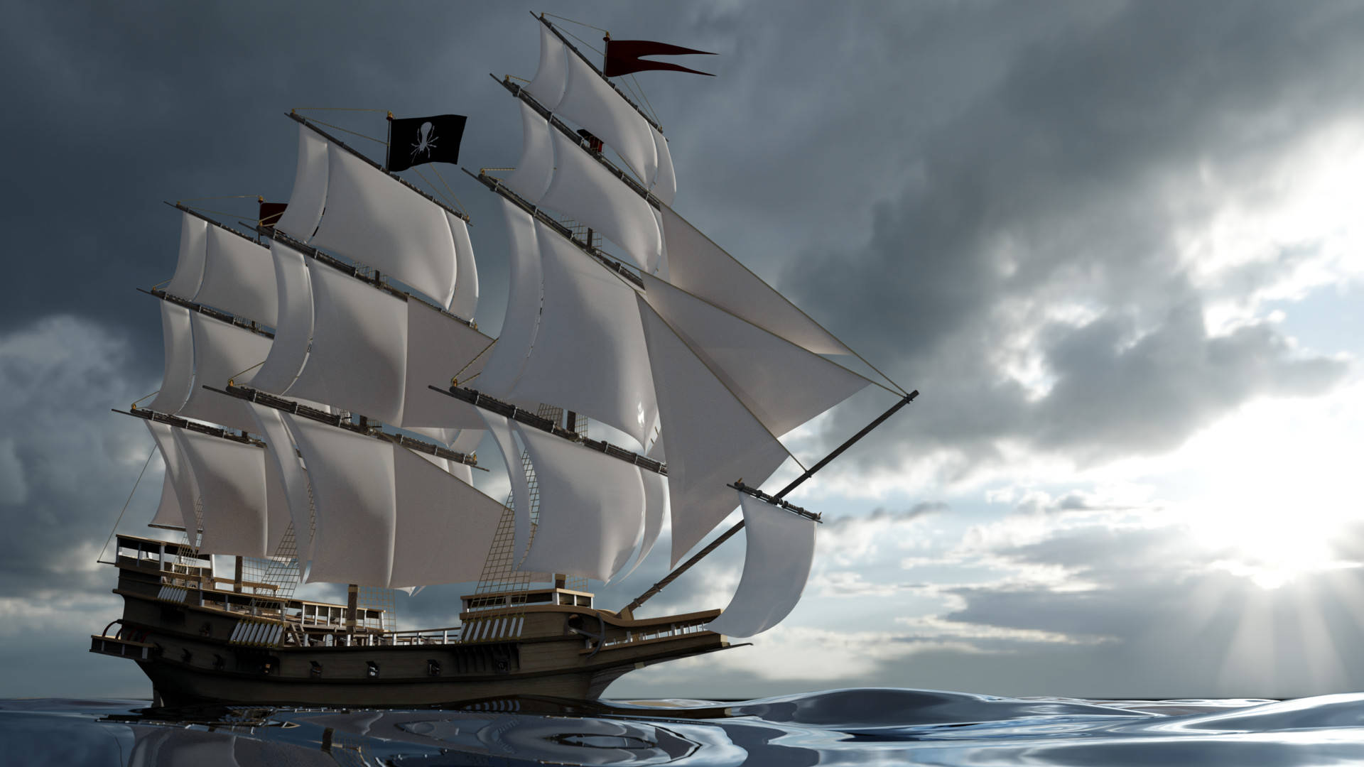 Pirate Ship, white sails, black flag, Full HD Desktop Wallpaper