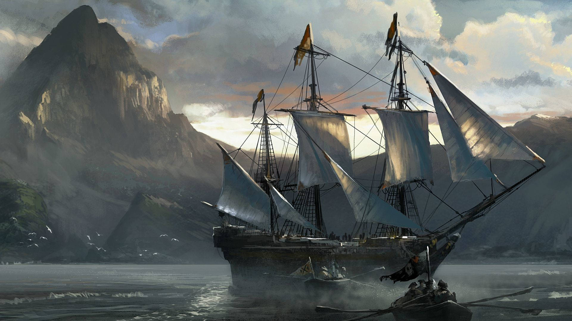 Pirate Ship, sailing ship, billowing sails, Full HD Desktop Wallpaper