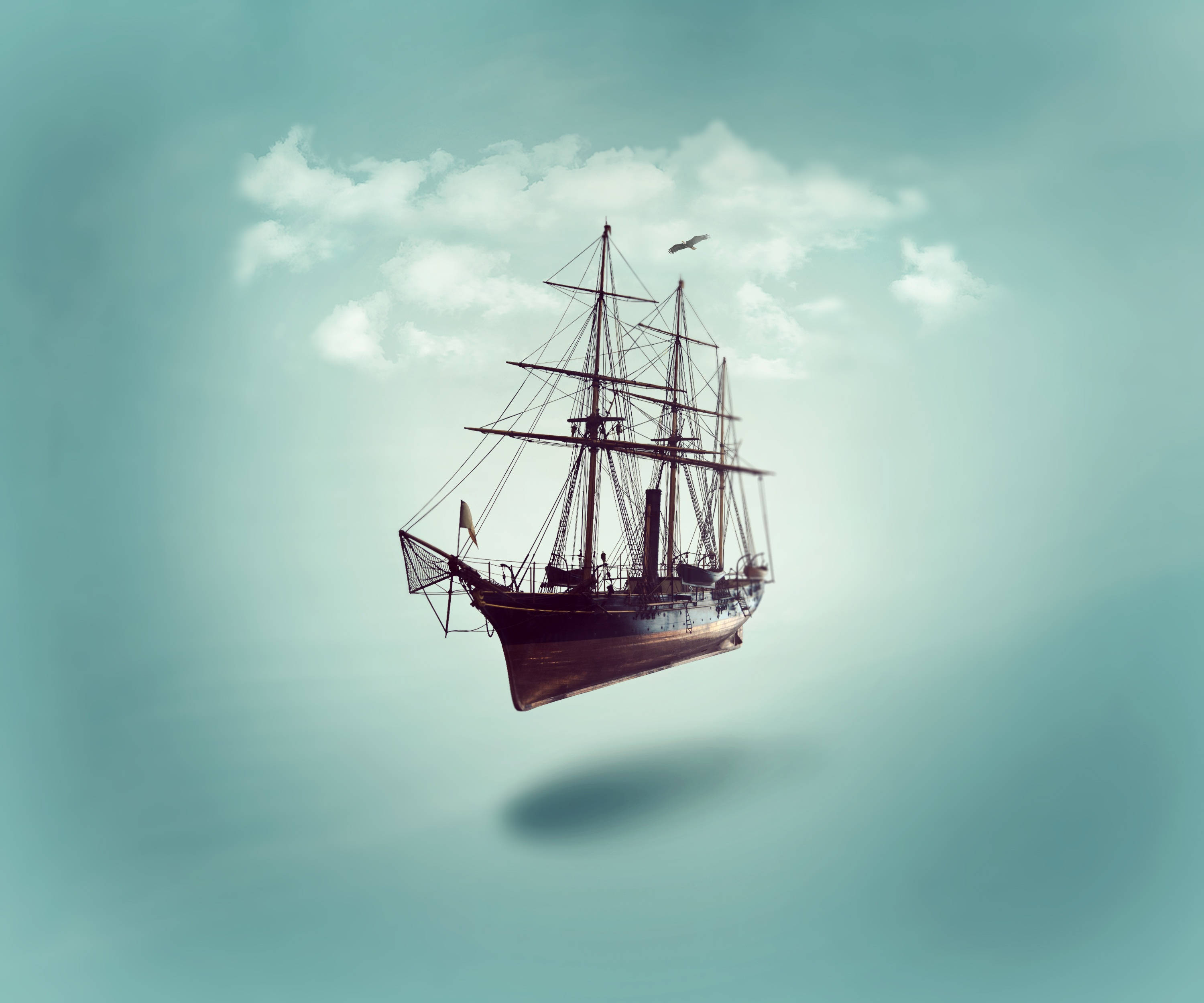 minimalist pirate ship art, vintage sailing ship, soft teal sky, 2K Desktop Wallpaper