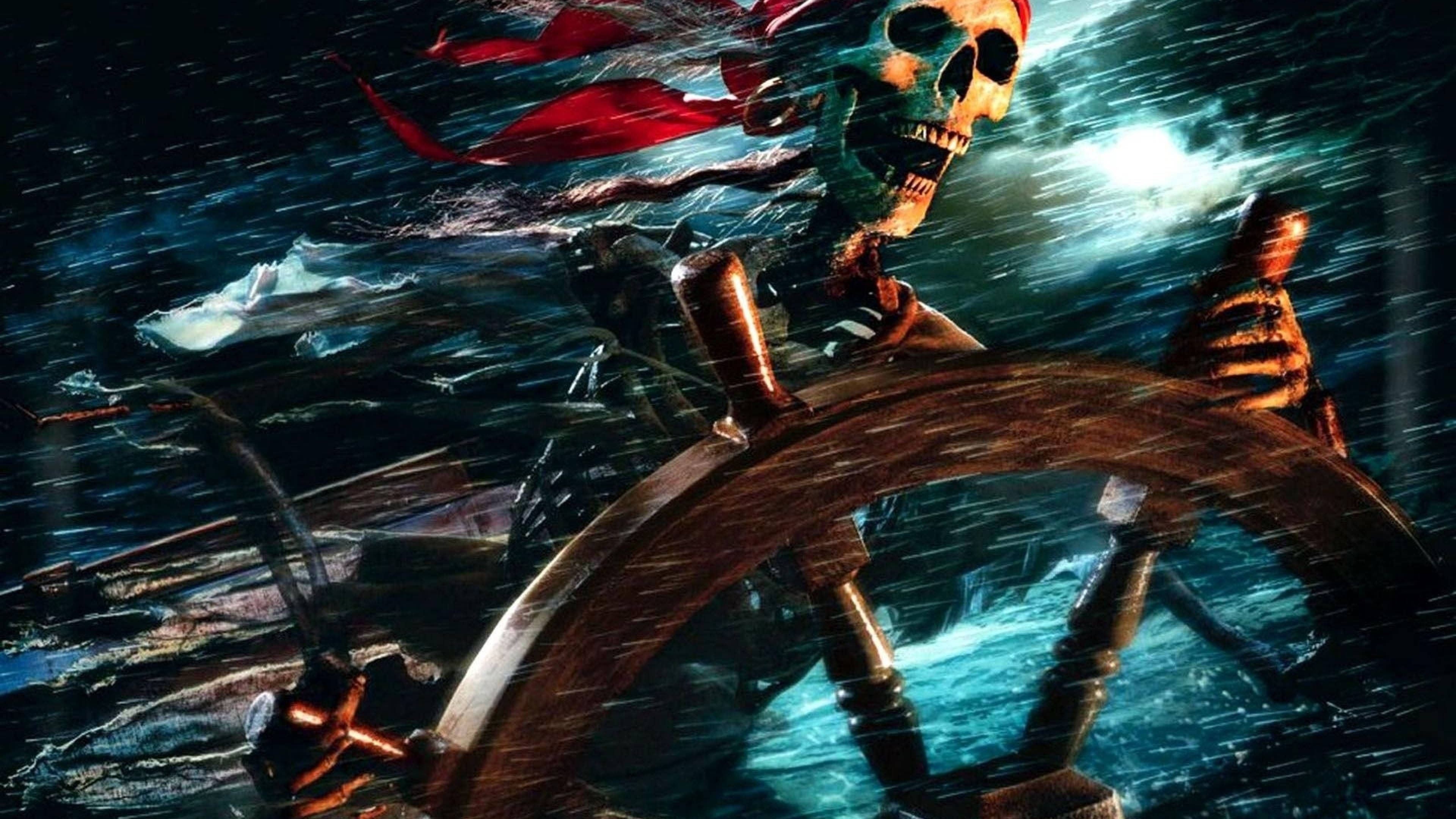 Pirates Of The Caribbean, skeletal pirate captain, red bandana, 4K Desktop Wallpaper