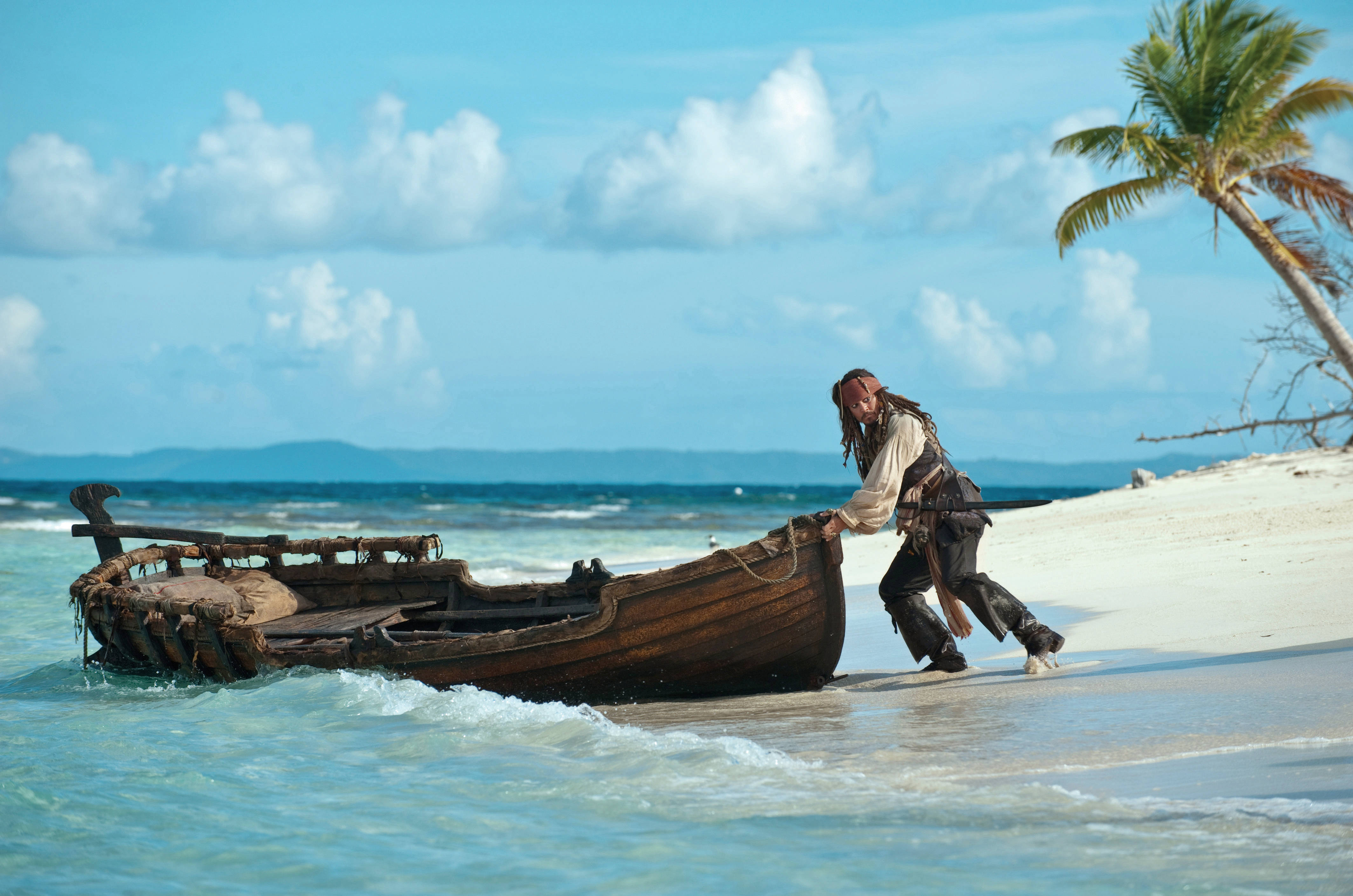 Pirates Of The Caribbean, weathered wooden boat, white sandy beach, 4K Desktop Wallpaper