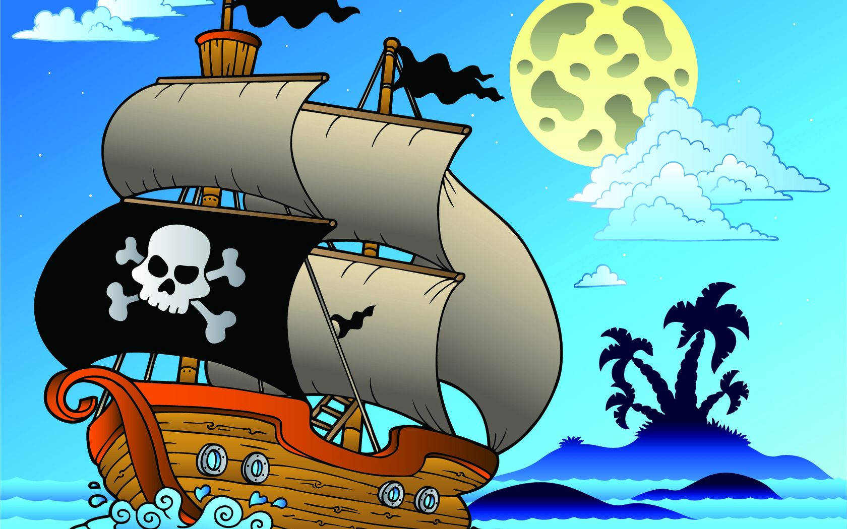 pirate ship, skull flag, large moon, HD Desktop Wallpaper