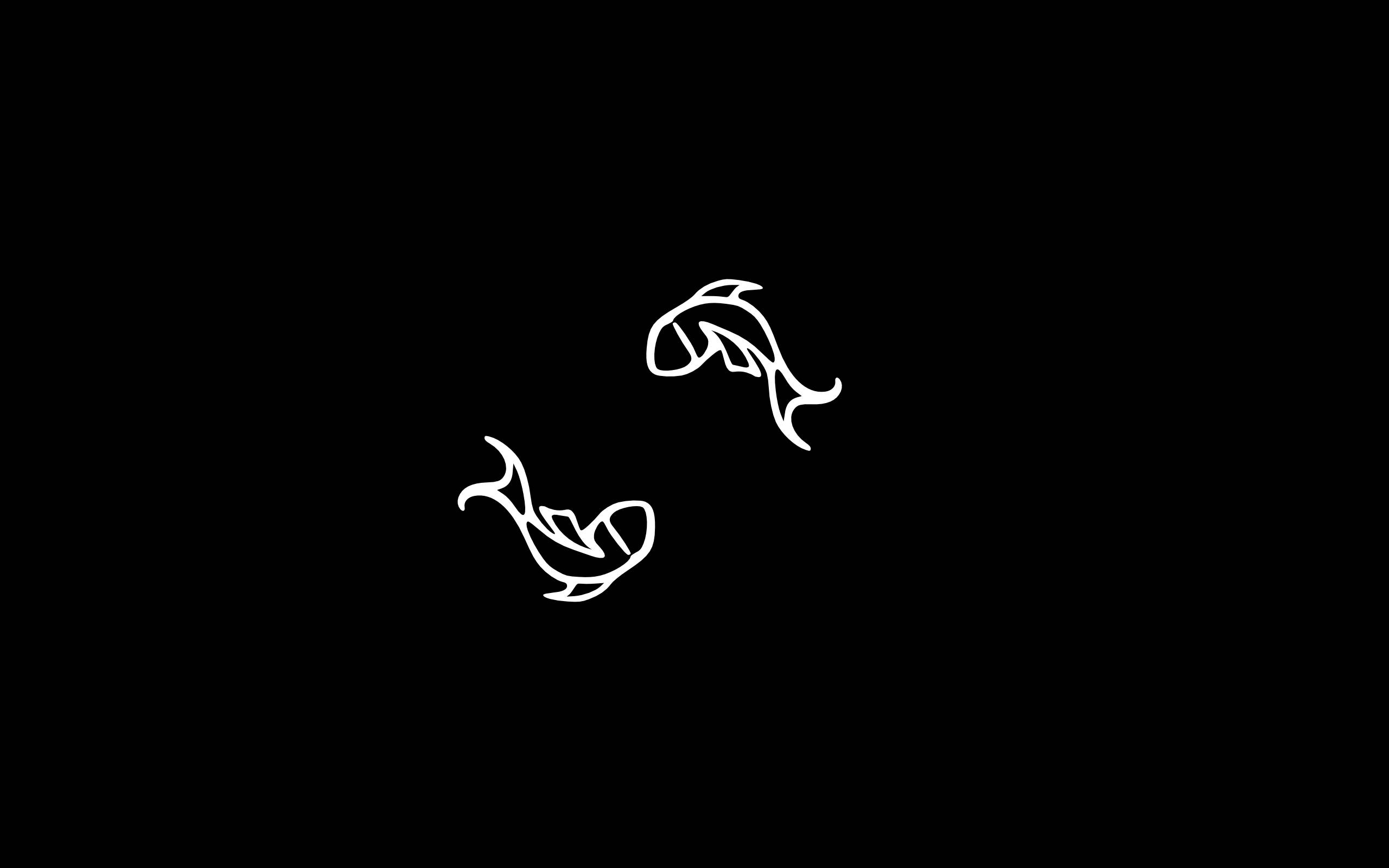 Pisces, white line-art fish, solid black background, 2K Desktop Wallpaper