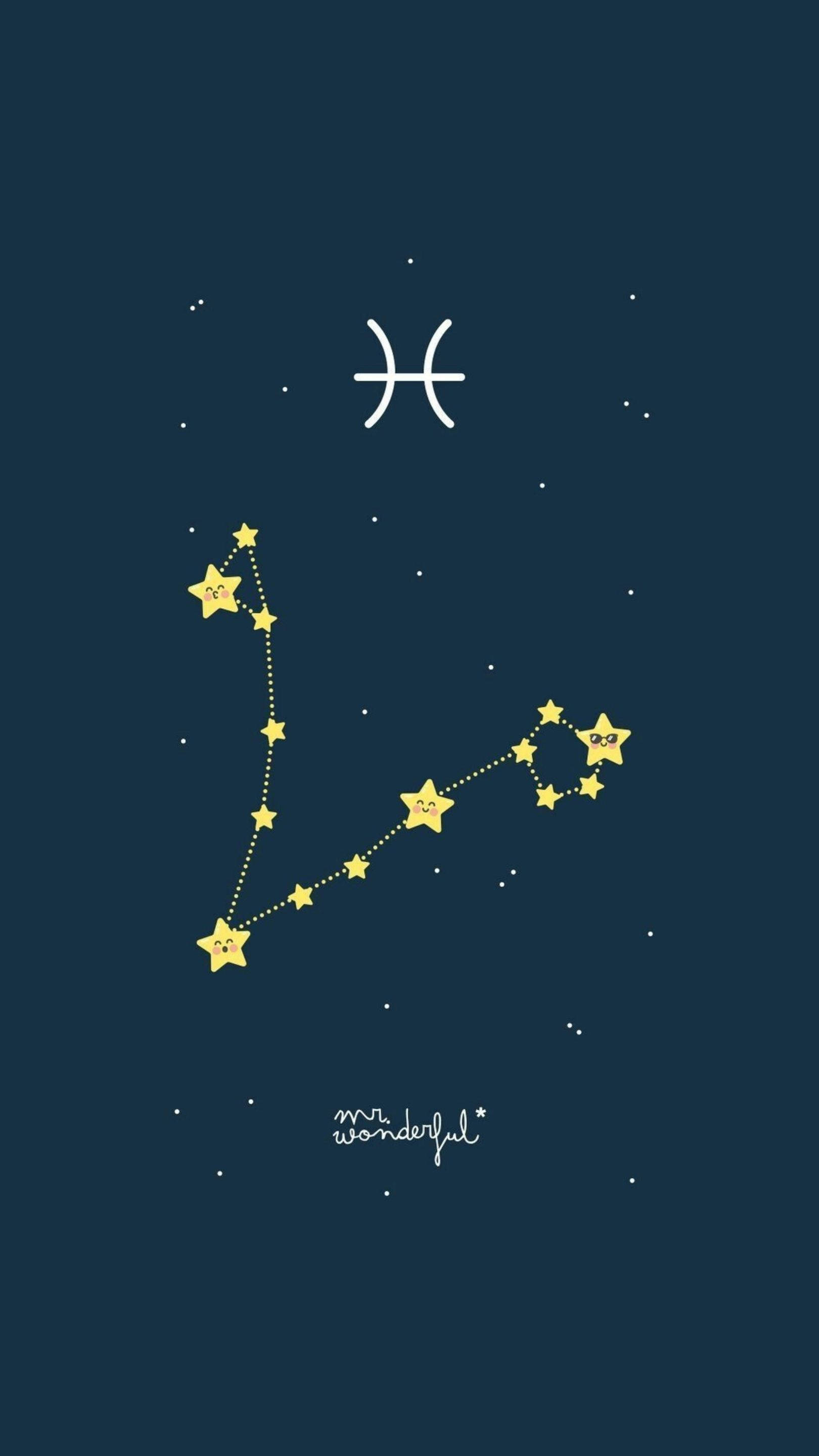 Pisces, cartoon zodiac sign, smiling yellow stars, 2K Phone Wallpaper